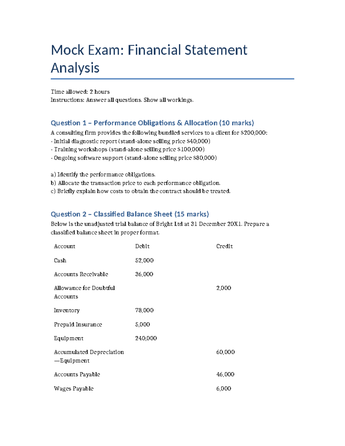 Mock Exam: Financial Statement Analysis (FIN 101) - Studocu