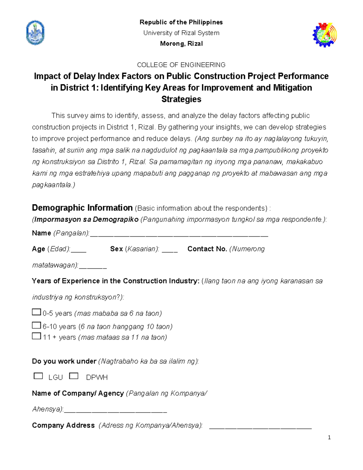 ENGR 101: Questionnaire on Delay Factors in Public Construction ...