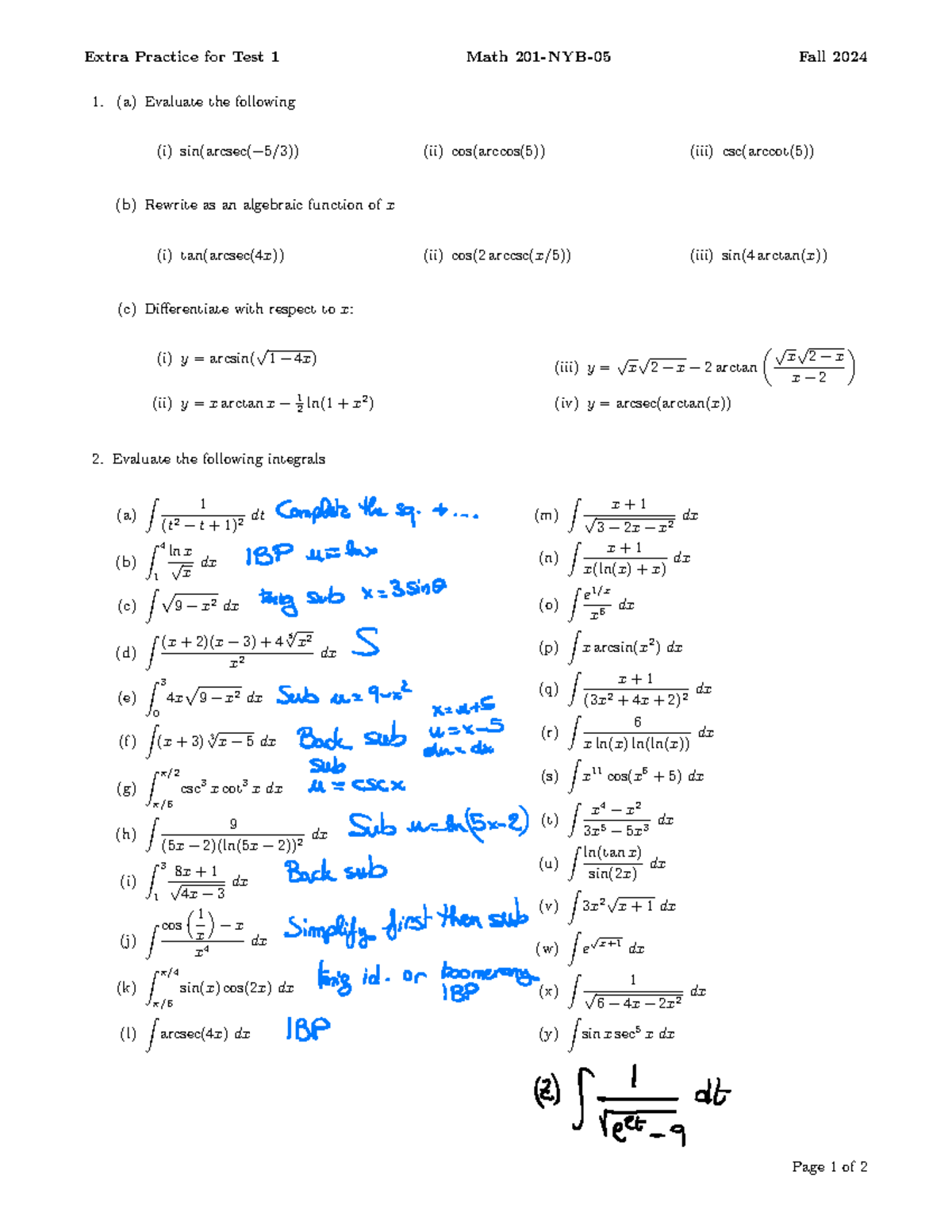 Math 201-NYB-05 Extra Practice for Test 1 - Fall 2024 - Studocu