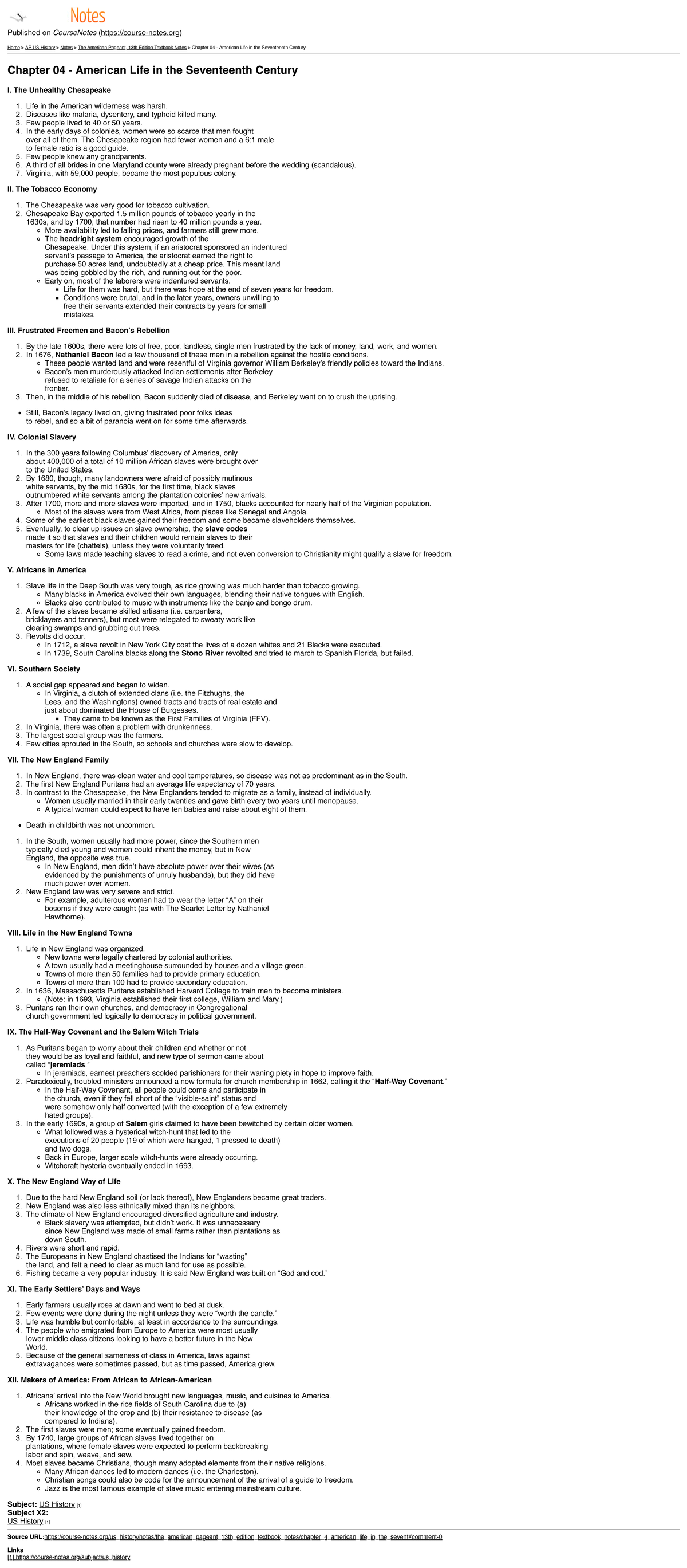 Chapter 04: American Life in the 17th Century (AP US History Notes ...