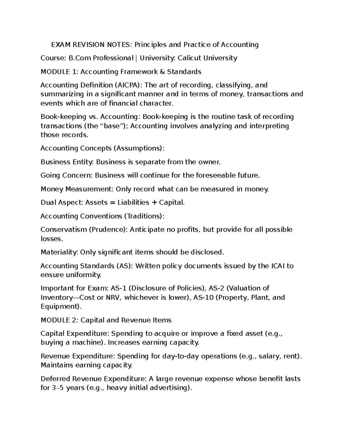B.Com Professional Exam Revision Notes: Principles of Accounting - Studocu