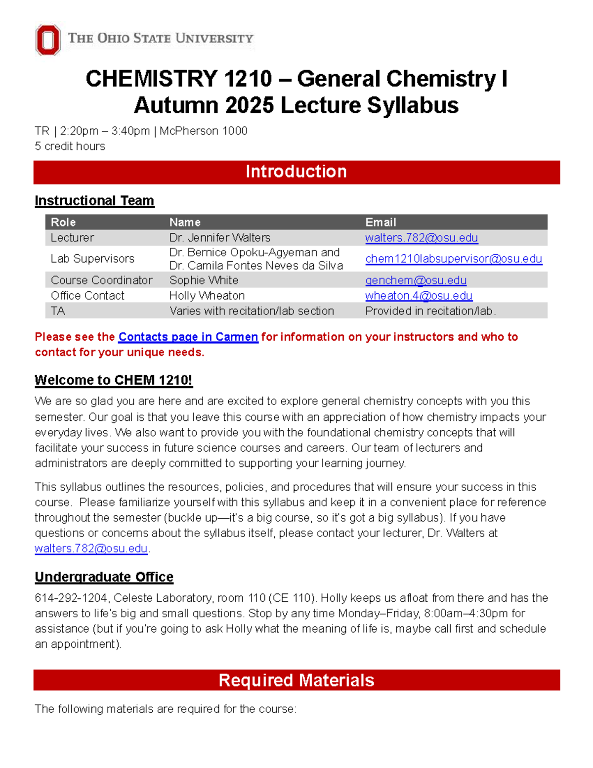 AU25 CHEM 1210 General Chemistry I Lecture Syllabus by Dr. Walters ...
