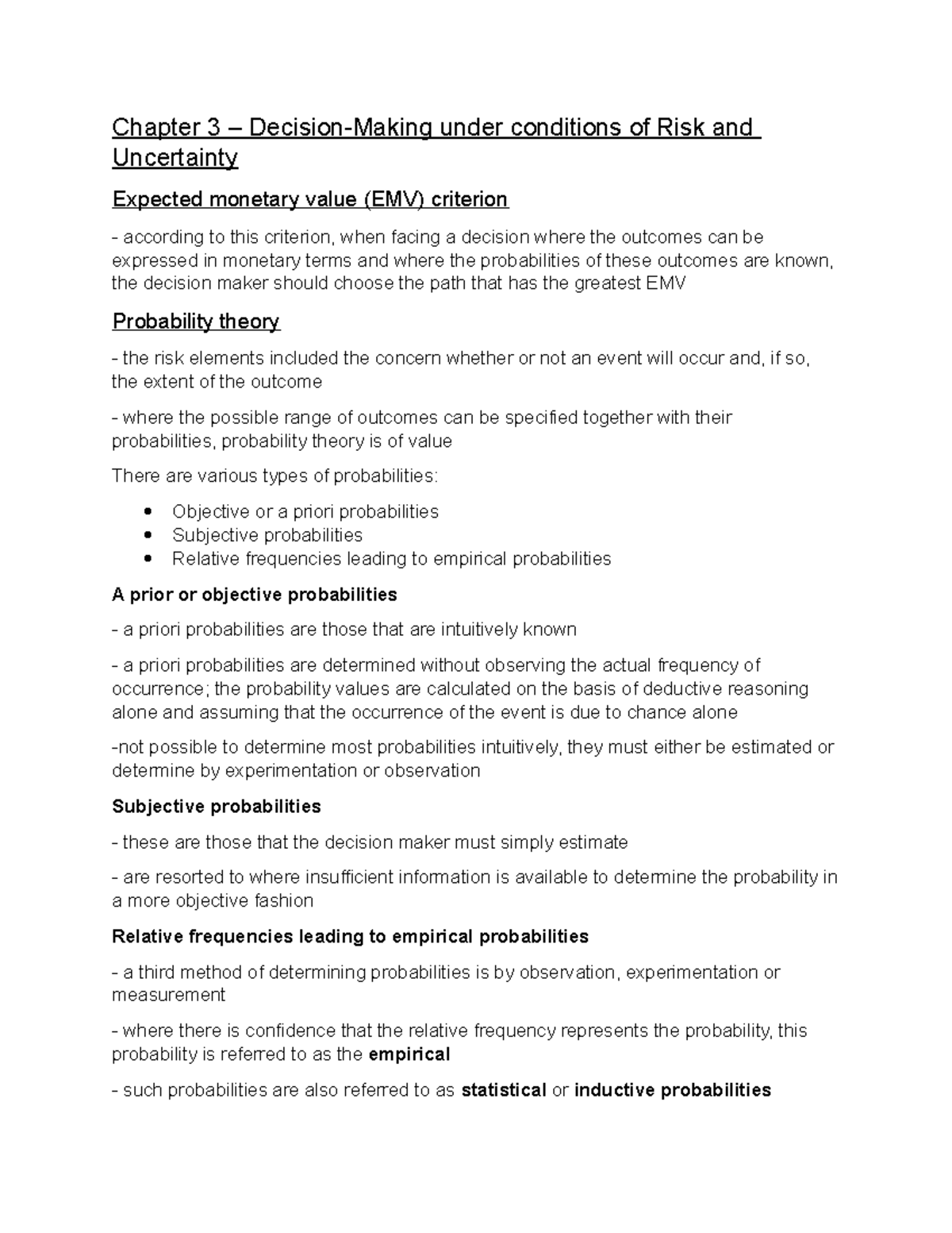 Chapter 3 - Decision-Making Under Risk & Uncertainty (EMV ...