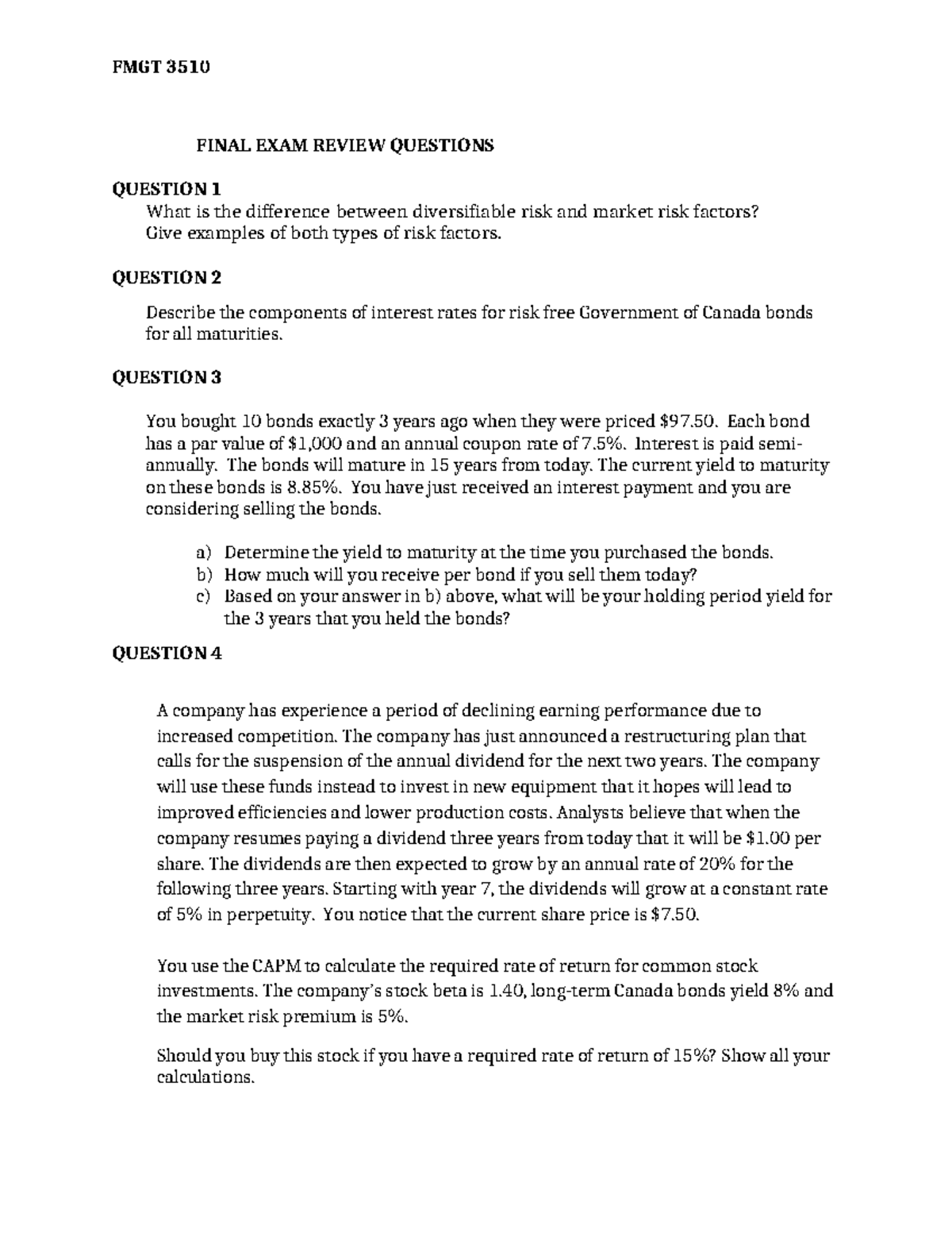Final Exam Practice Questions & Answers Part 1 (FIN 101) - Studocu