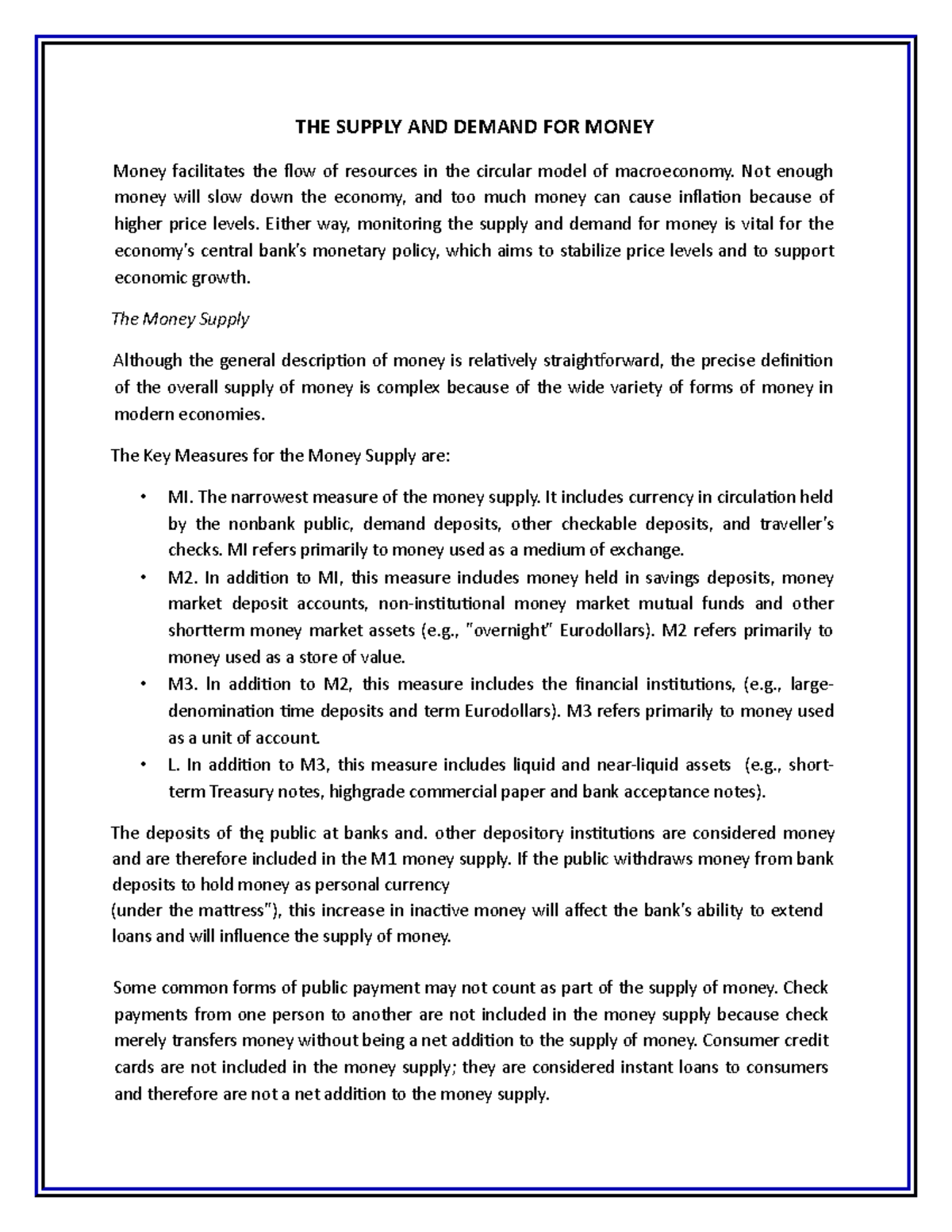 THE Supply AND Demand FOR Money - THE SUPPLY AND DEMAND FOR MONEY Money ...