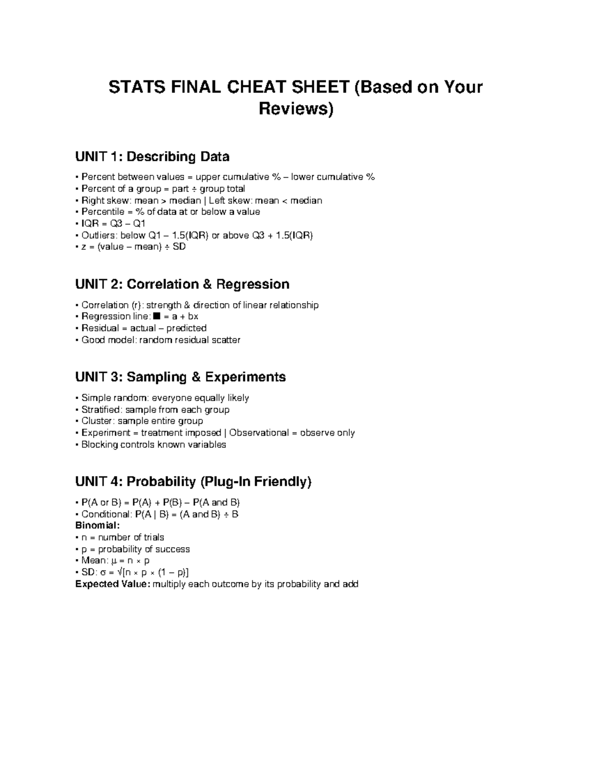 STATS 101 FINAL CHEAT SHEET: Key Concepts & Formulas - Studocu