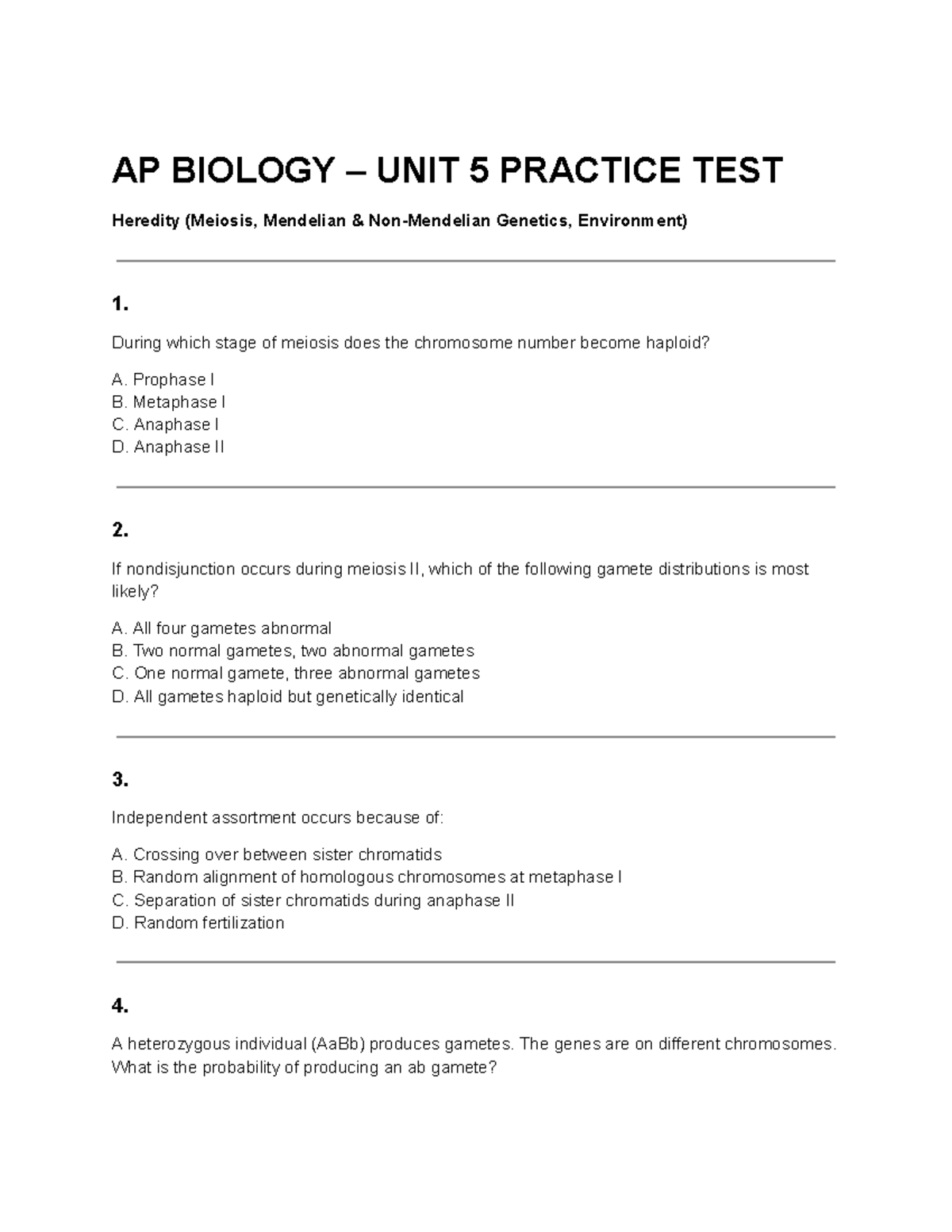 AP BIOLOGY UNIT 5 PRACTICE TEST: Heredity & Genetics Concepts - Studocu