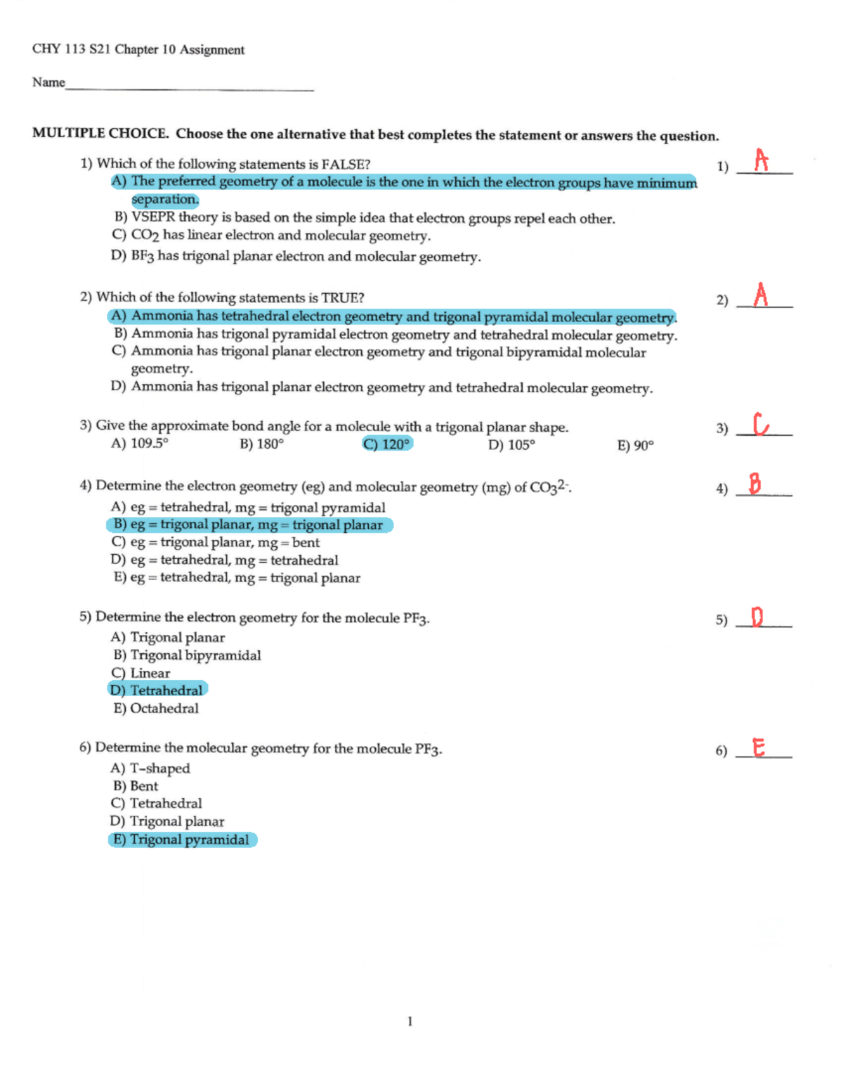 CHY 113 Chapter 10 Assignment - CHY 113 - Studocu