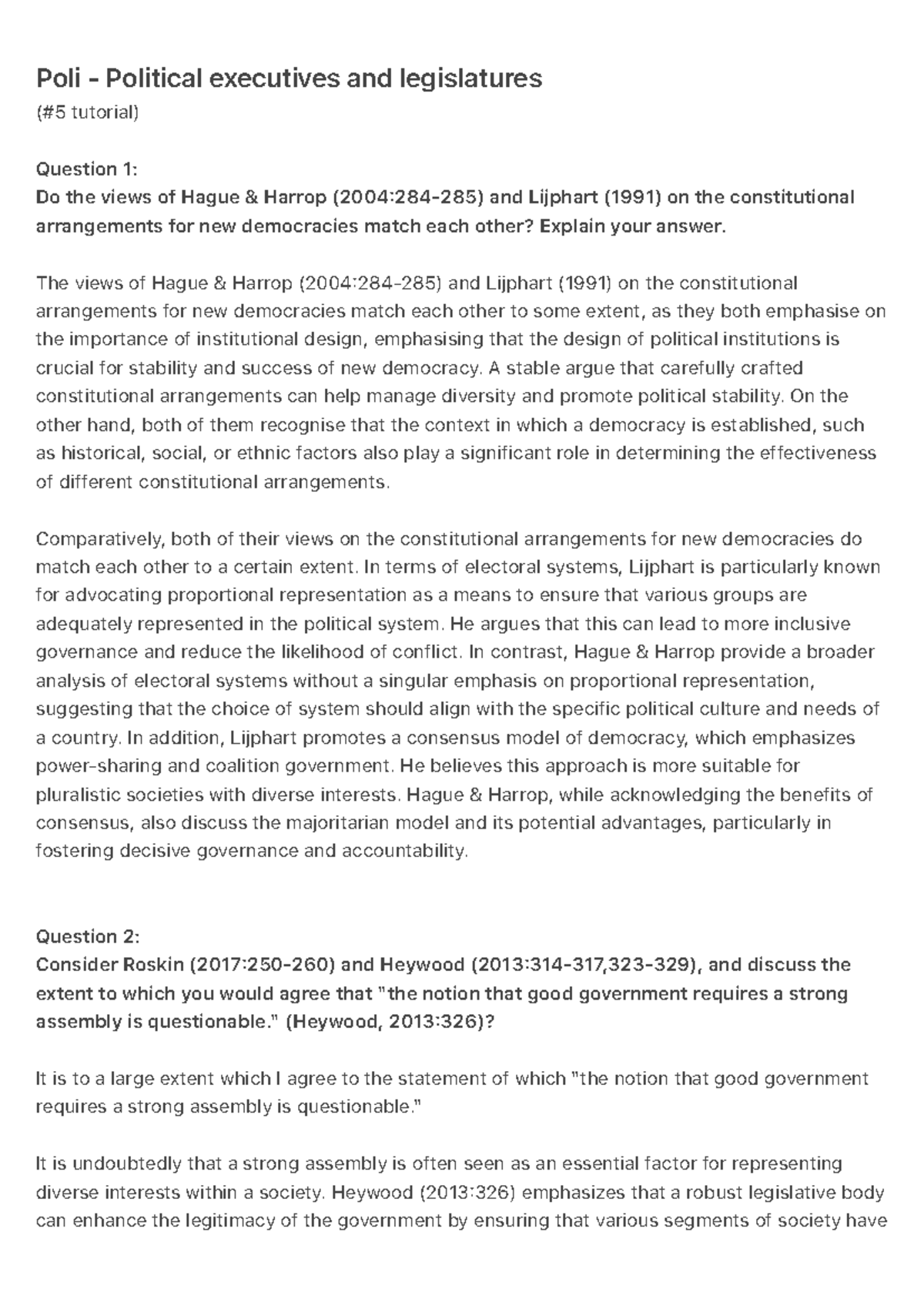 Poli - Political executives and legislatures - The views of Hague ...