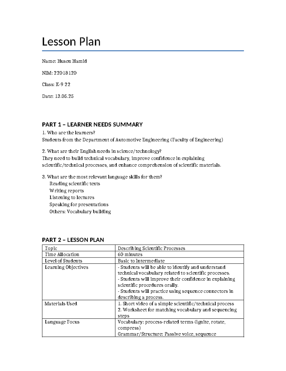Midterm Lesson Plan: Enhancing English for Automotive Engineering ...