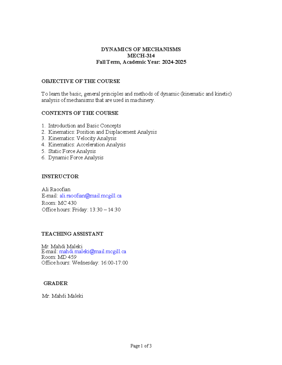 MECH314 syllabus Fall 2024 Page 1 of 3 DYNAMICS OF MECHANISMS MECH