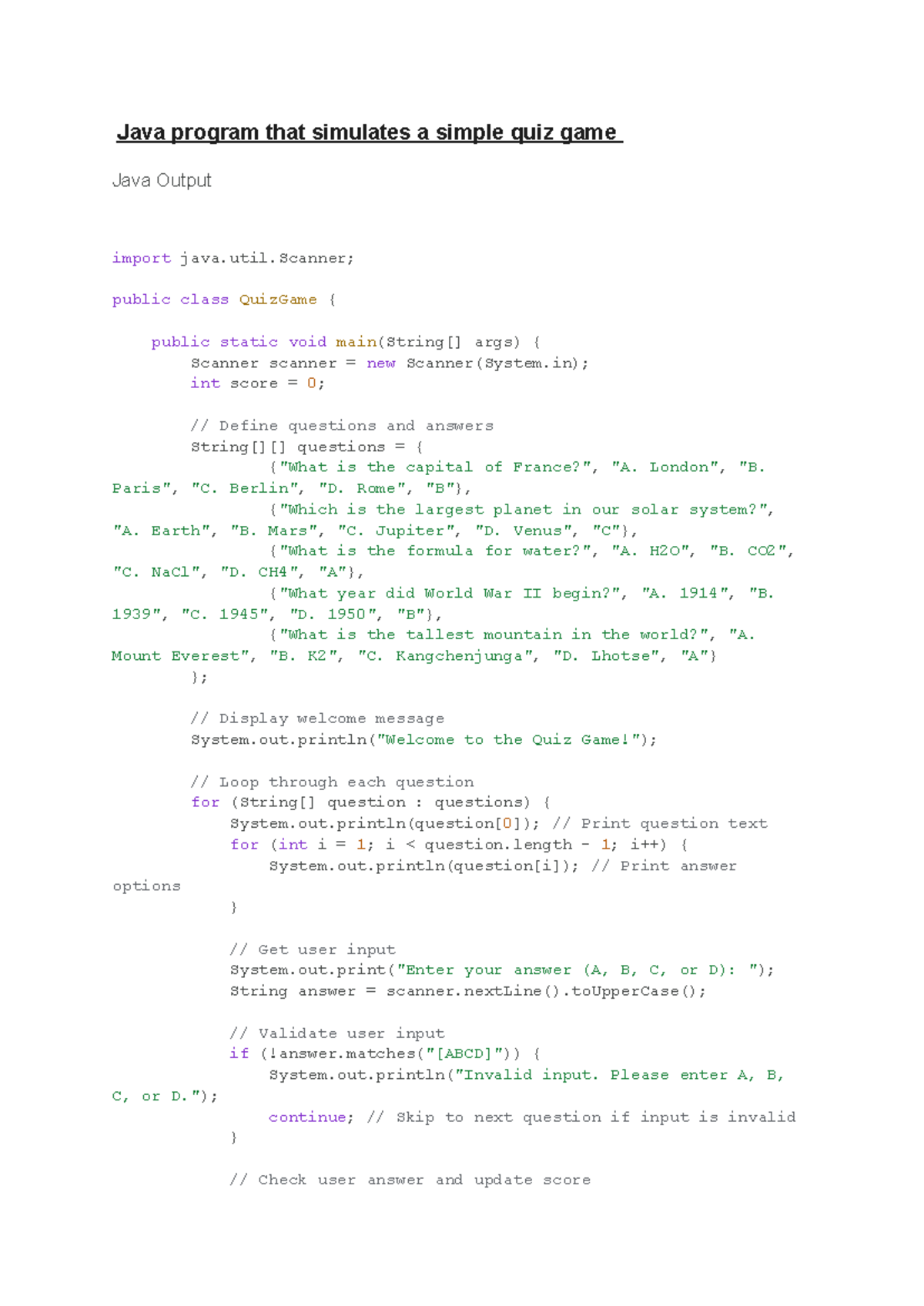 Java Programming Assignment 1: Quiz Game Simulation and Explanation ...