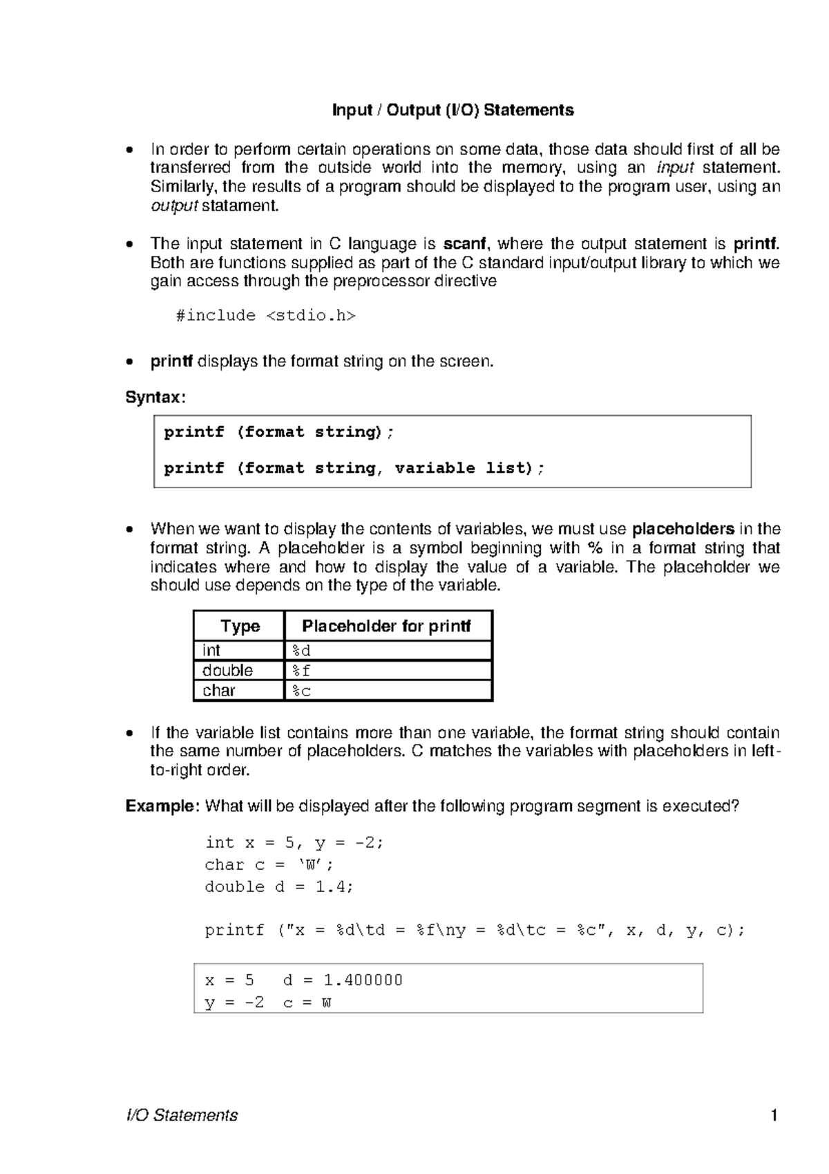 08 IOStatements - Lecture Notes on I/O Functions in C - Studocu