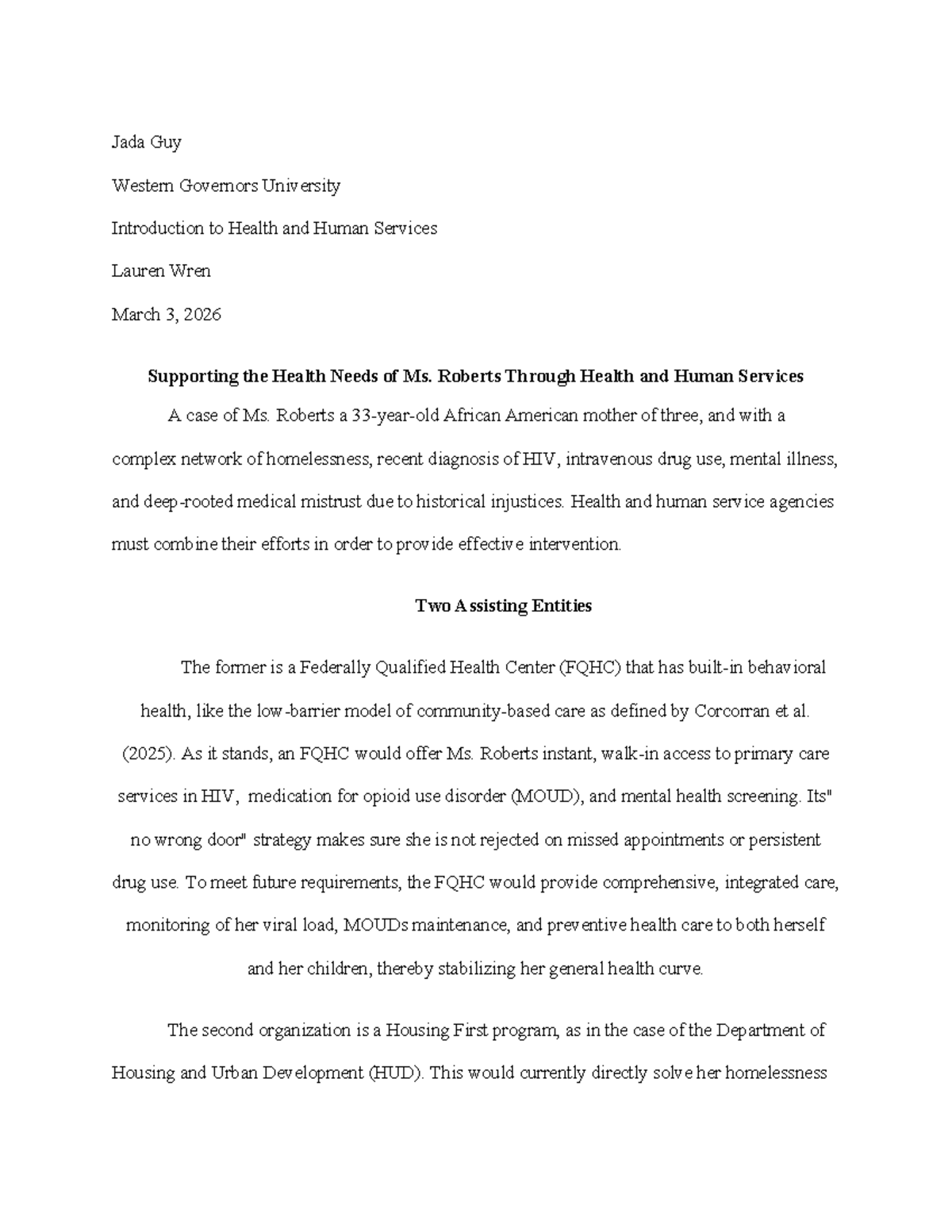Health and Human Services Case Study: Supporting Ms. Roberts' Needs ...