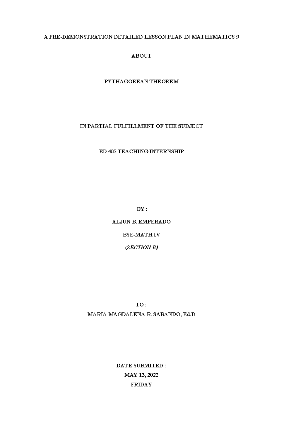 A PRE- Demonstration Detailed Lesson PLAN IN Mathematics 9 - A PRE ...