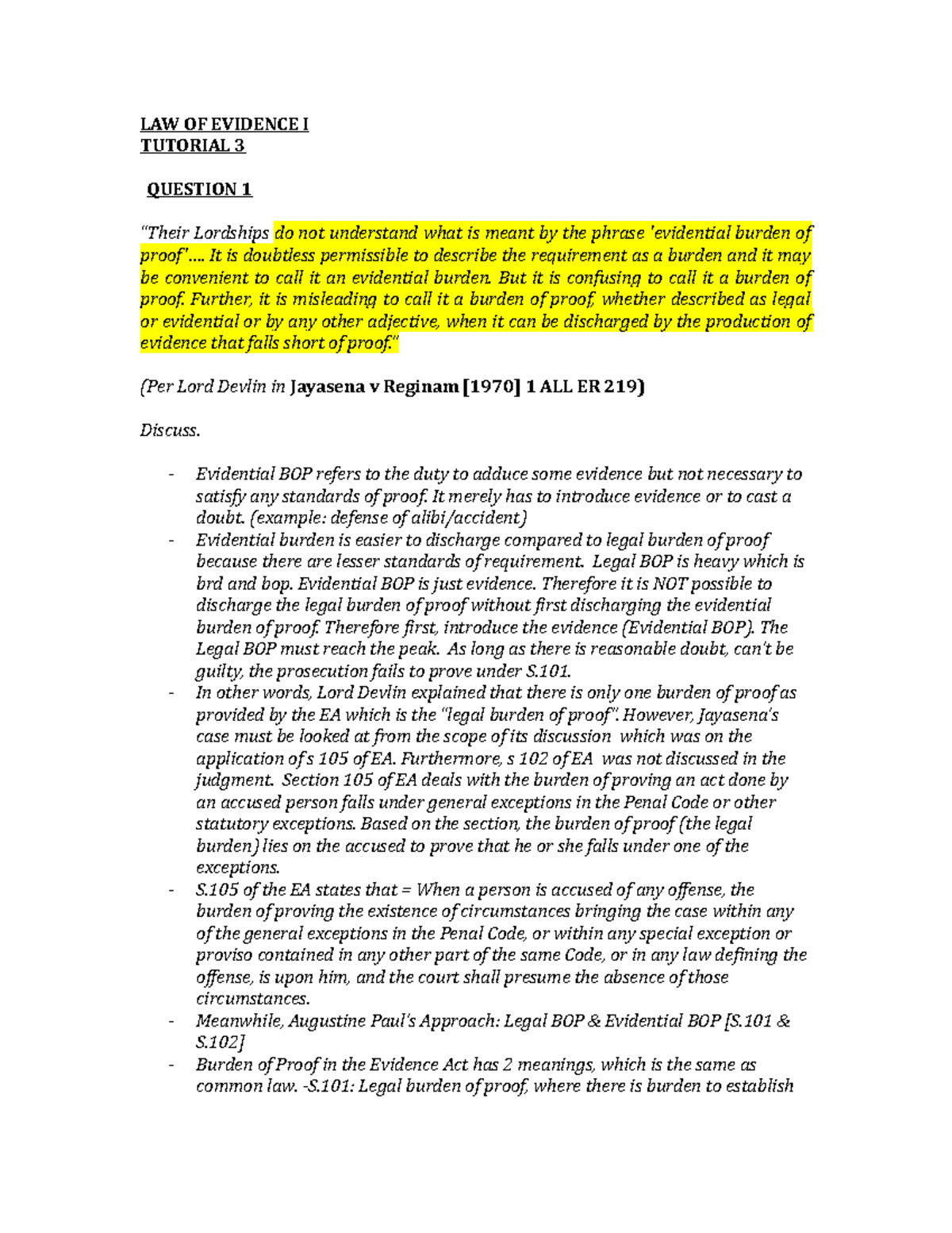 LAW OF EVIDENCE I: Tutorial 3 Week 4 Answers and Discussion - Studocu