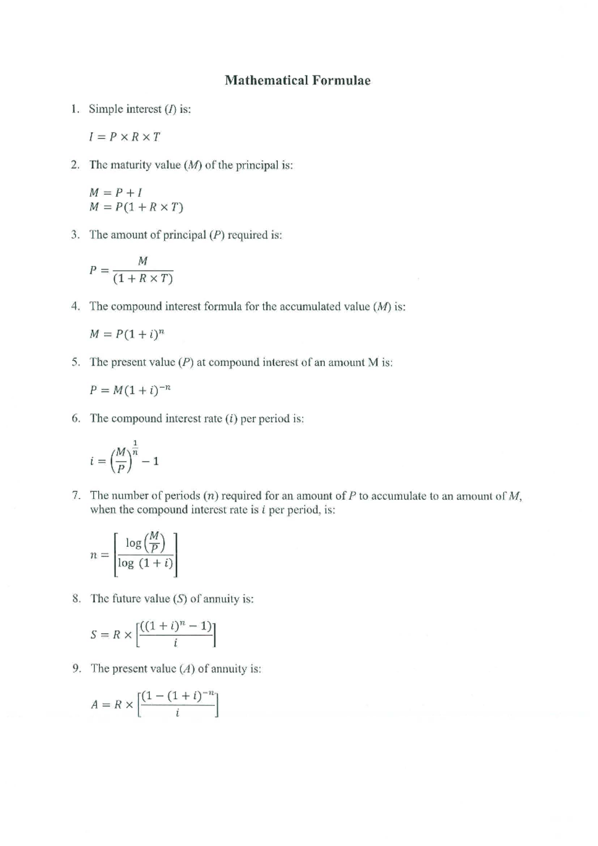 Mathematical Formulae for Interest and Statistics - Formula Sheet - Studocu