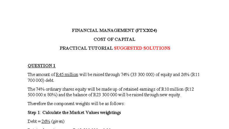 COST OF CAPITAL PRACTICAL TUTORIAL SOLUTIONS (FTX2024) - Studocu
