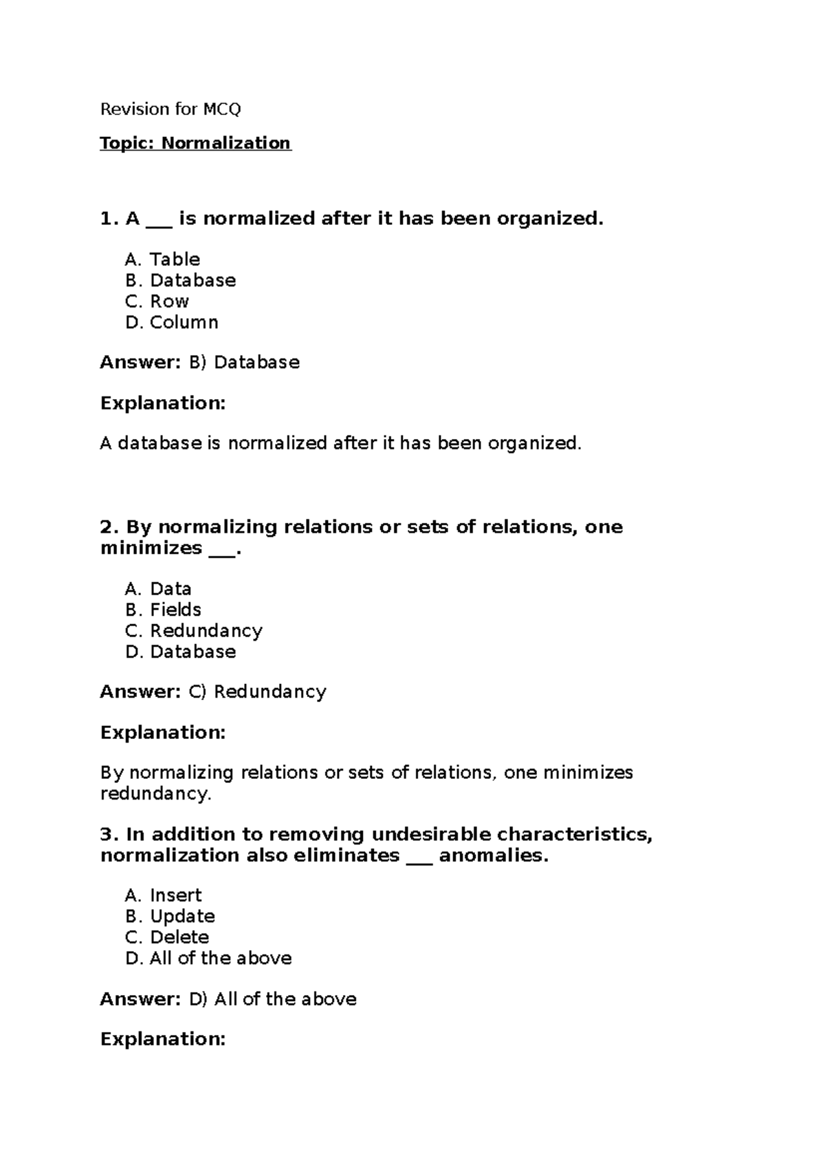 Final Exam - Database Revision MCQs & Concepts on Normalization - Studocu