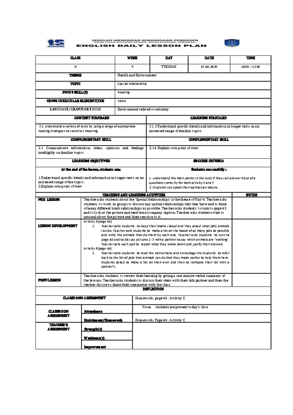 FORM 3 ( Reading) LESSON PLANS EXAMPLE - CLASS WEEK DAY DATE TIME 3 I 9 ...