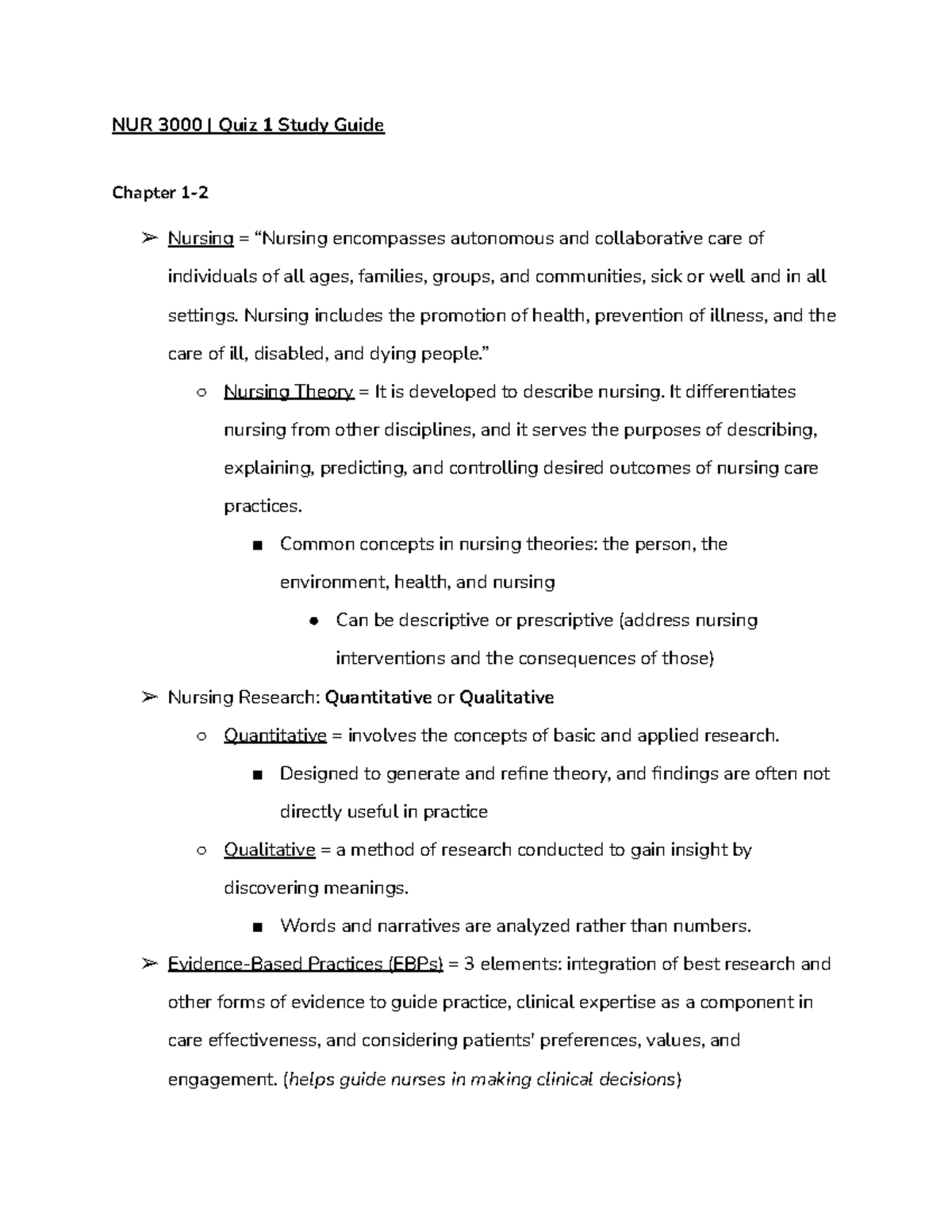 NUR 3000 | Quiz 1 Study Guide: Key Concepts in Nursing Care - Studocu