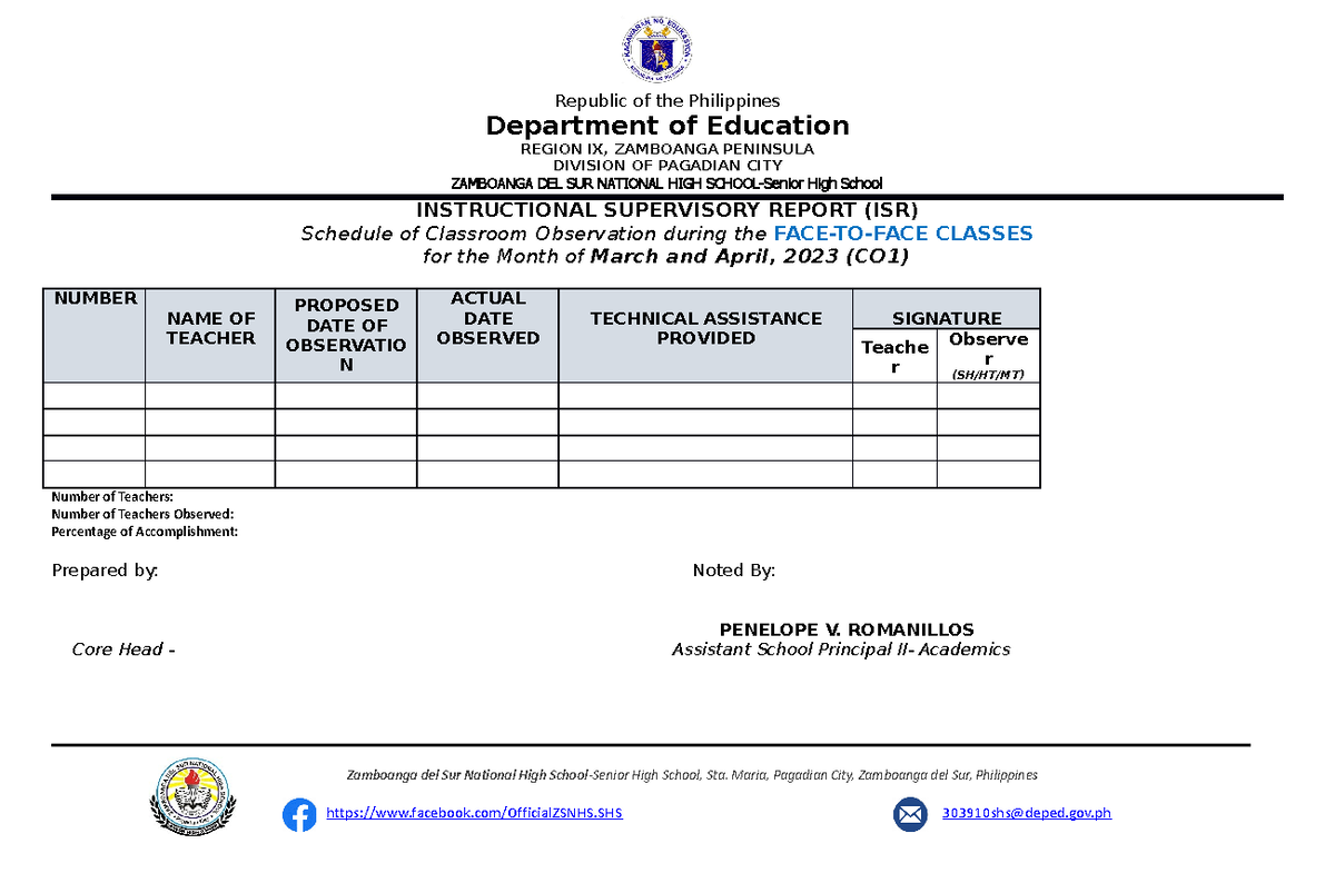 ISR-FOR-CO - ISR for classroom observation - Republic of the ...