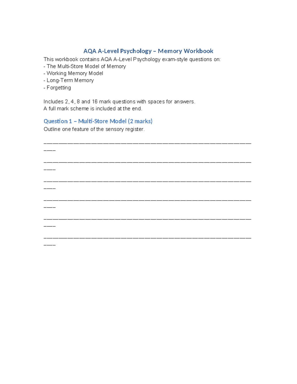 AQA A Level Psychology Memory Workbook: Questions & Mark Schemes - Studocu