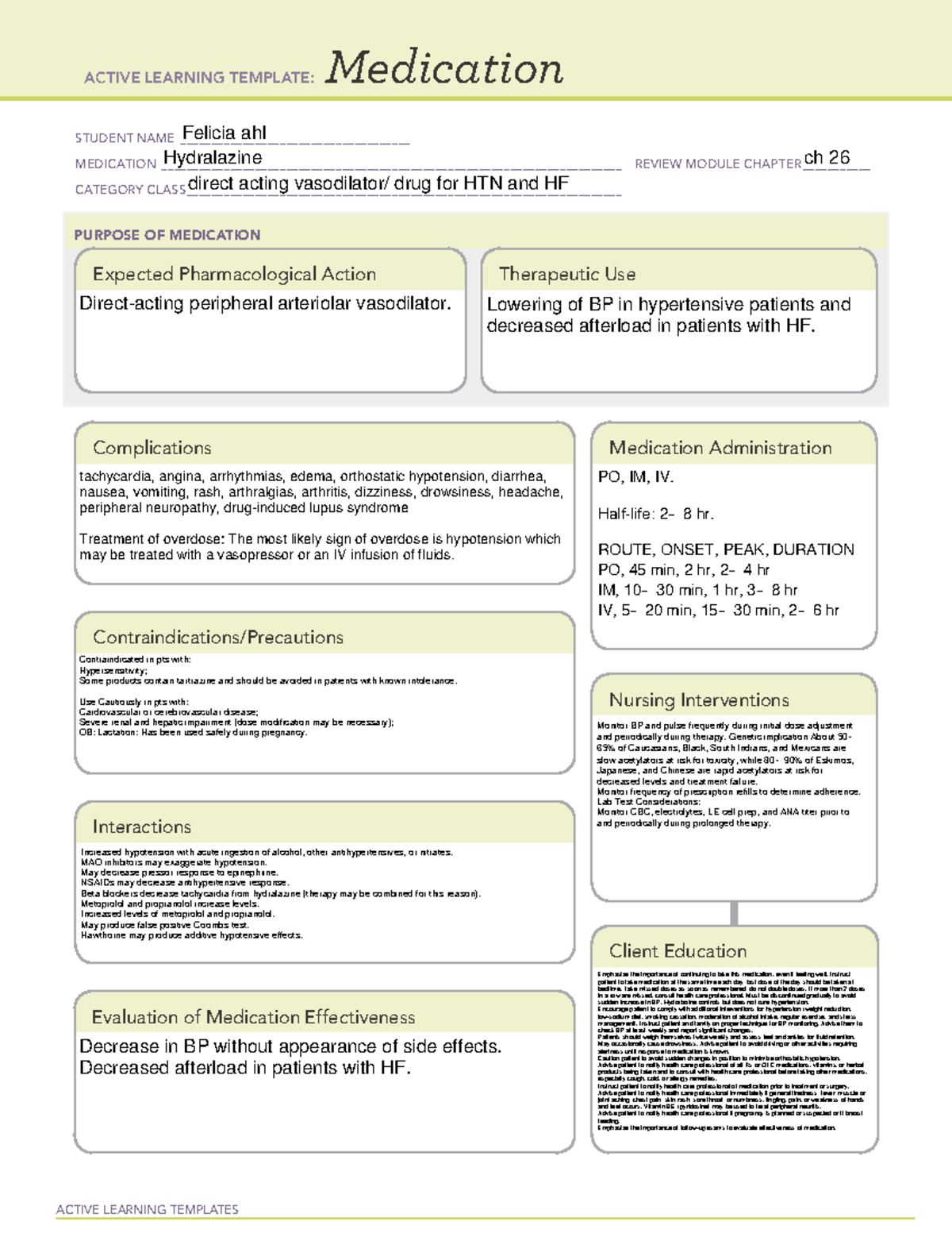 Hydralazine (Pharm 101): Comprehensive Drug Card & Nursing Guide - Studocu