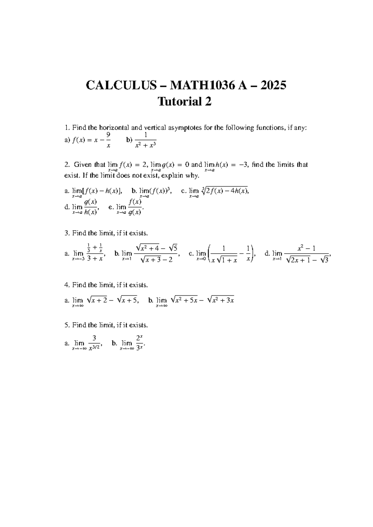 Math1036 2025 Calculus Tutorial 2: Asymptotes and Limits - Studocu