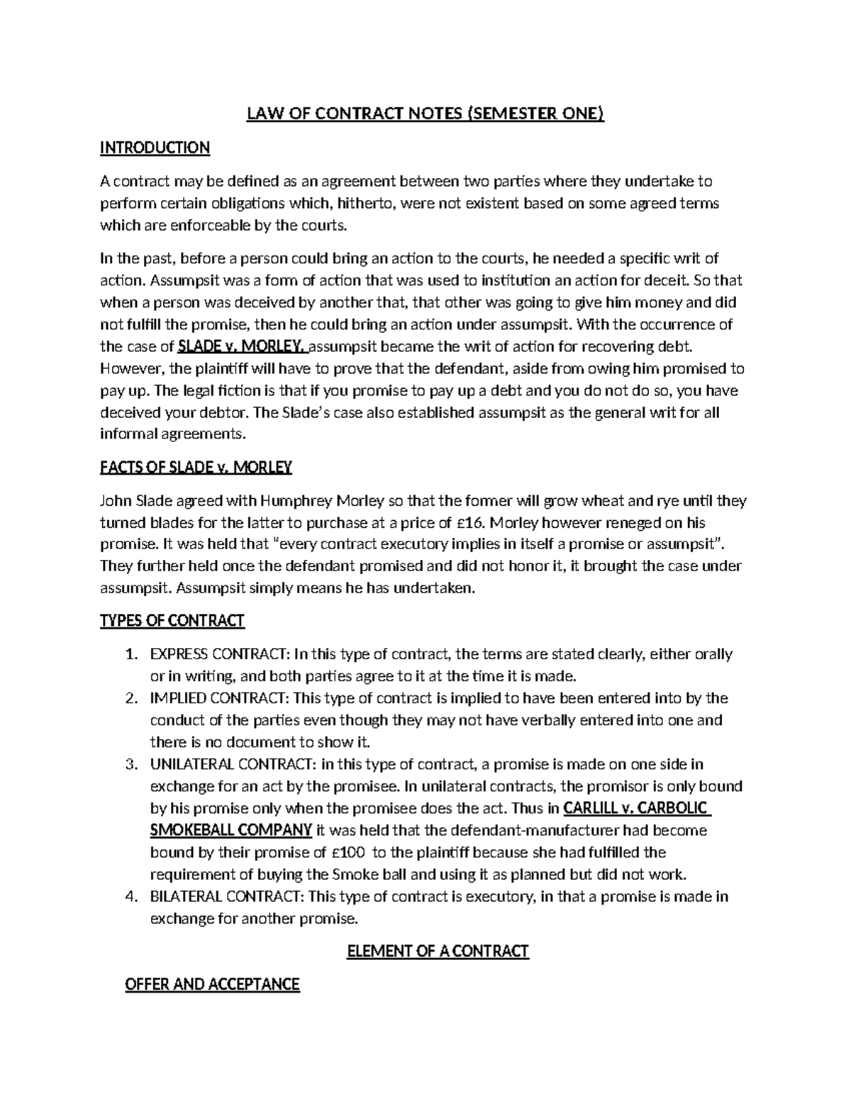 LAW 101 - Introductory Notes on Law of Contract (Semester One) - Studocu