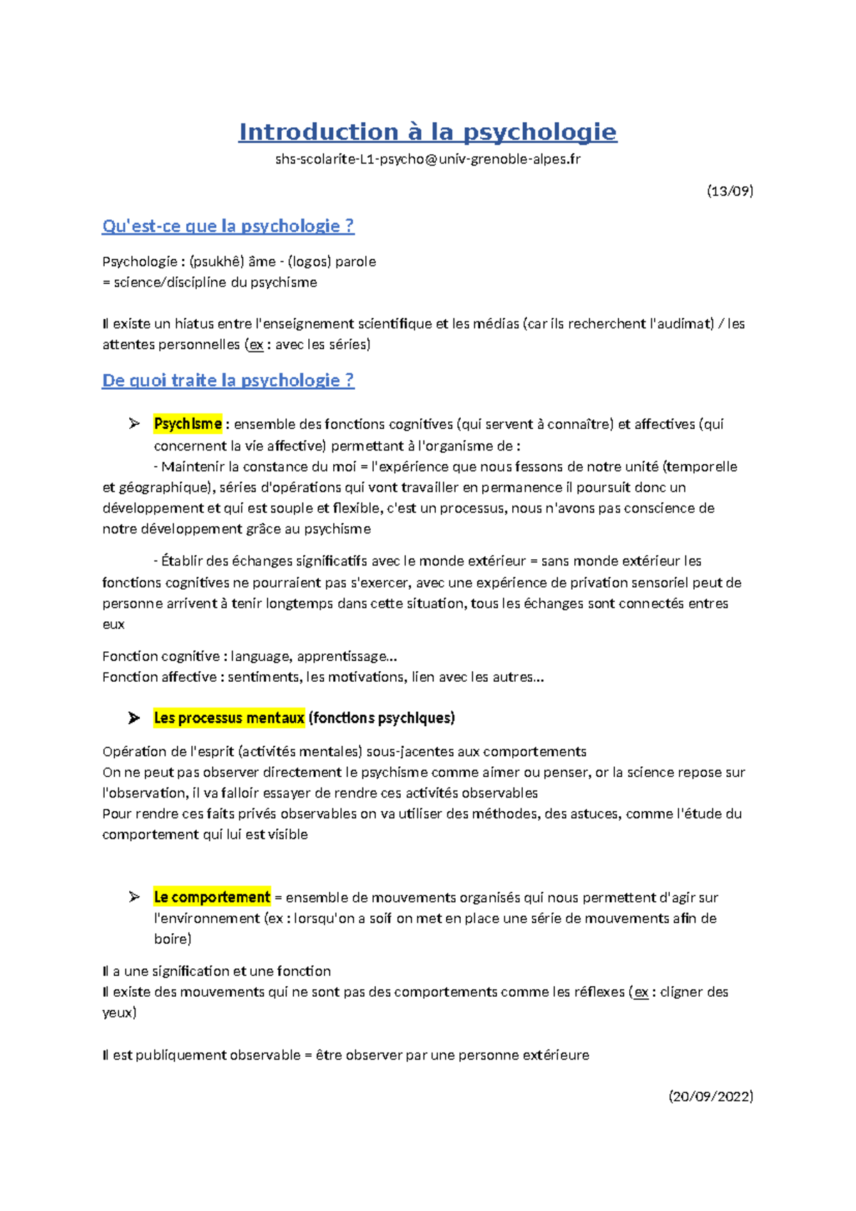 Intro de la psycho - Introduction à la psychologie shs-scolarite-L1 ...