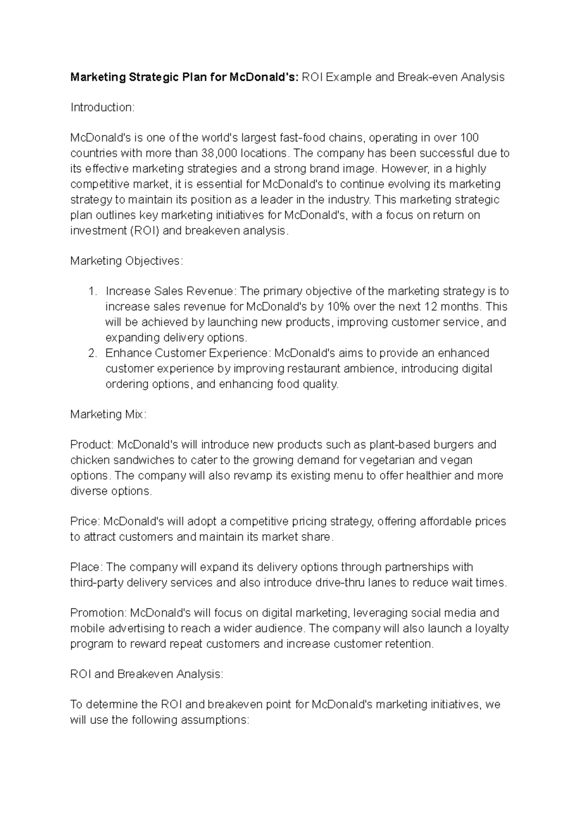 Marketing Strategic Plan for Mc Donald's ROI Example and Break-even ...