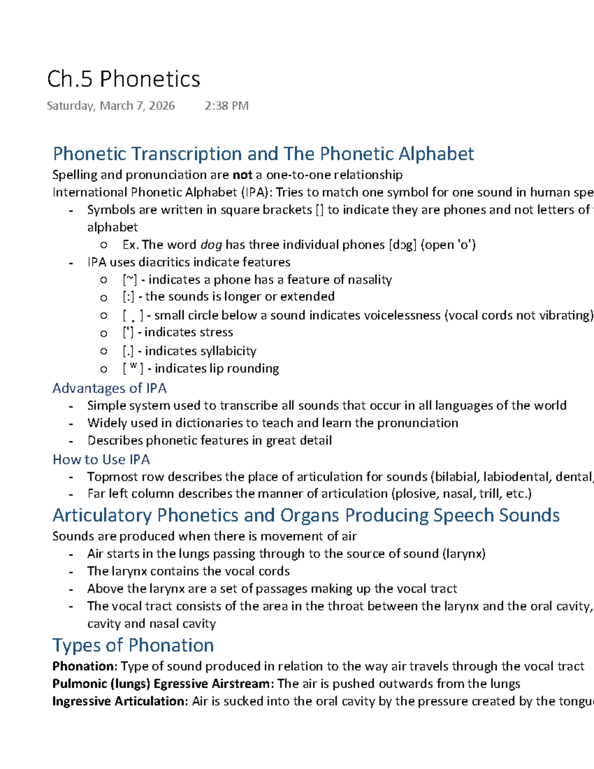 Ch. 5 Phonetics - Comprehensive Chapter Notes on IPA and Sound ...