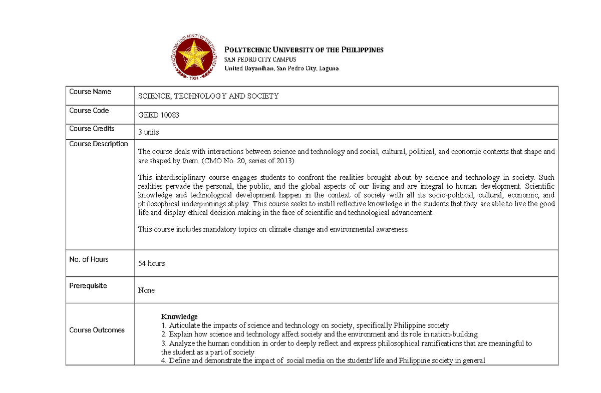 Course Syllabus- GEED 10083- STS - POLYTECHNIC UNIVERSITY OF THE ...