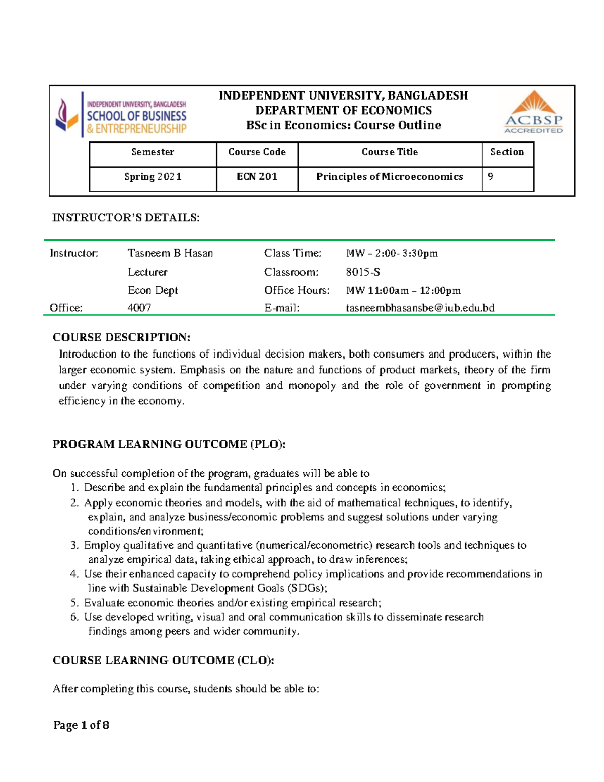 ECN 201 Principles of Microeconomics Course Outline Spring 2021 - Studocu