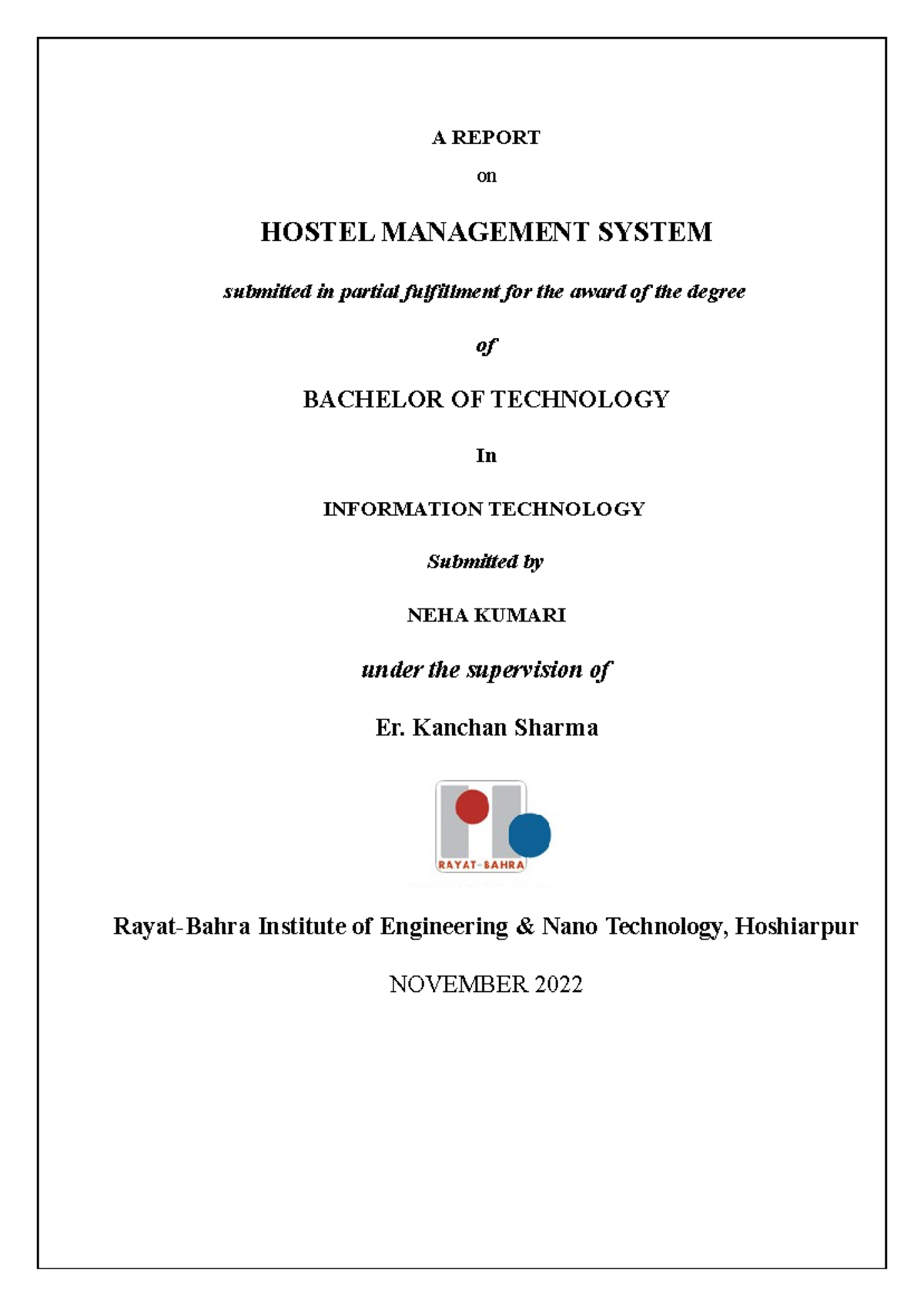 Shivani final report - A REPORT on HOSTEL MANAGEMENT SYSTEM submitted ...