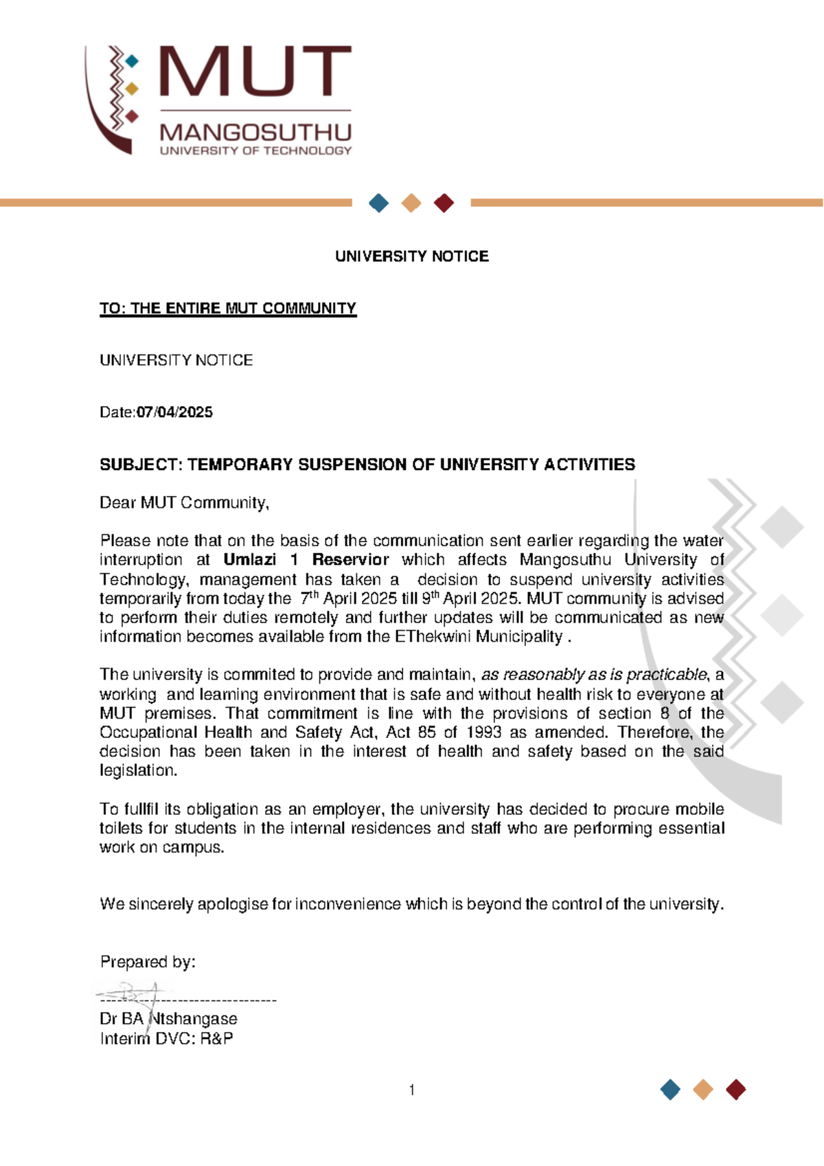 University Notice - Temporary Suspension of University Activities - 1 ...