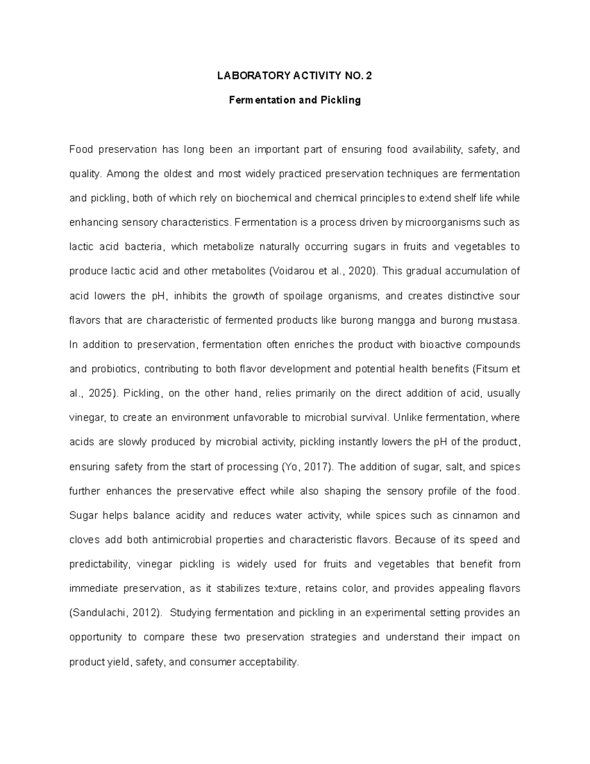 LABORATORY ACTIVITY NO. 2: Fermentation vs. Pickling in Food ...