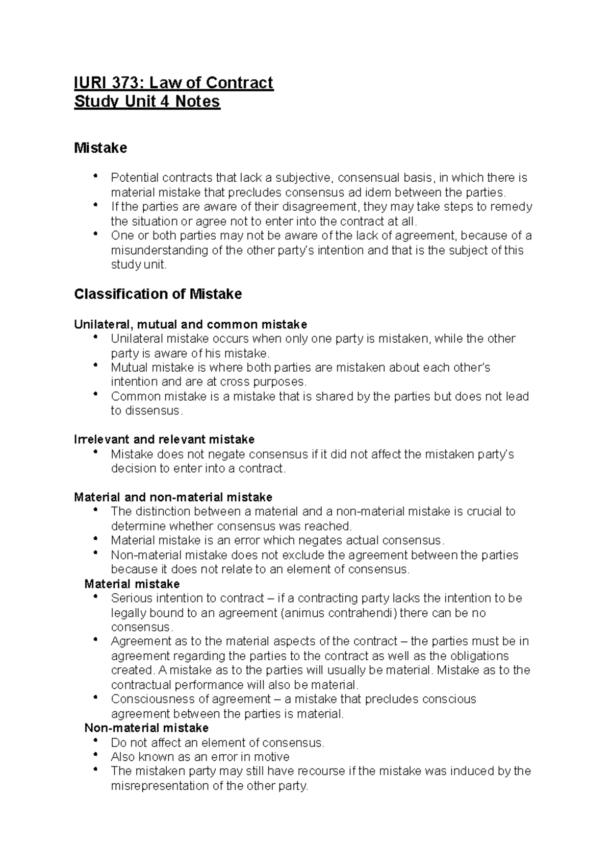 IURI 373: Law of Contract Study Unit 4 - Mistakes in Consensus - Studocu