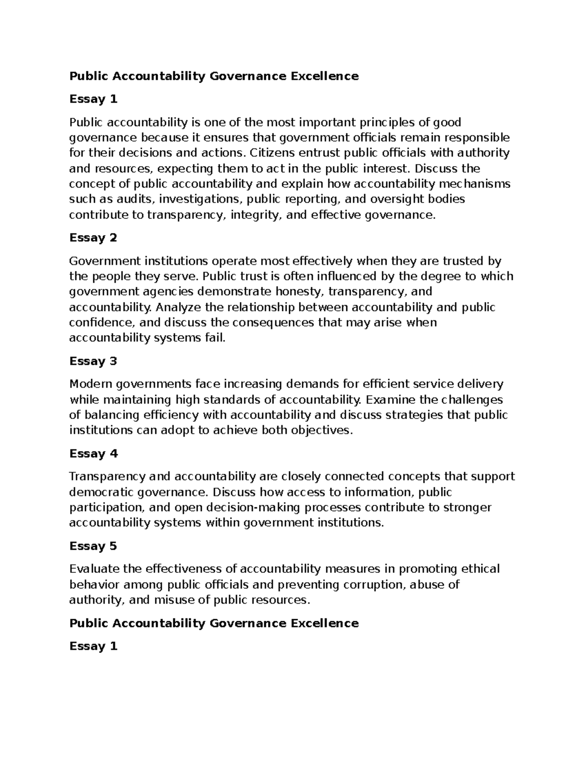 Public Accountability & Governance Excellence Essay 1 - Studocu
