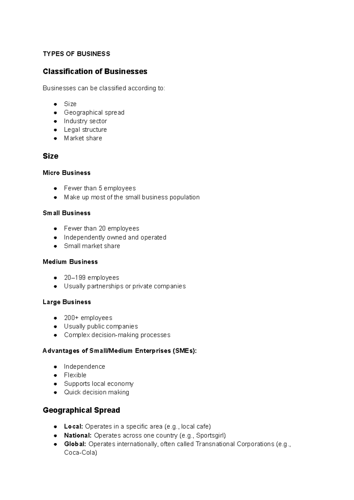 Business Studies Notes: Types of Business Classification - Studocu