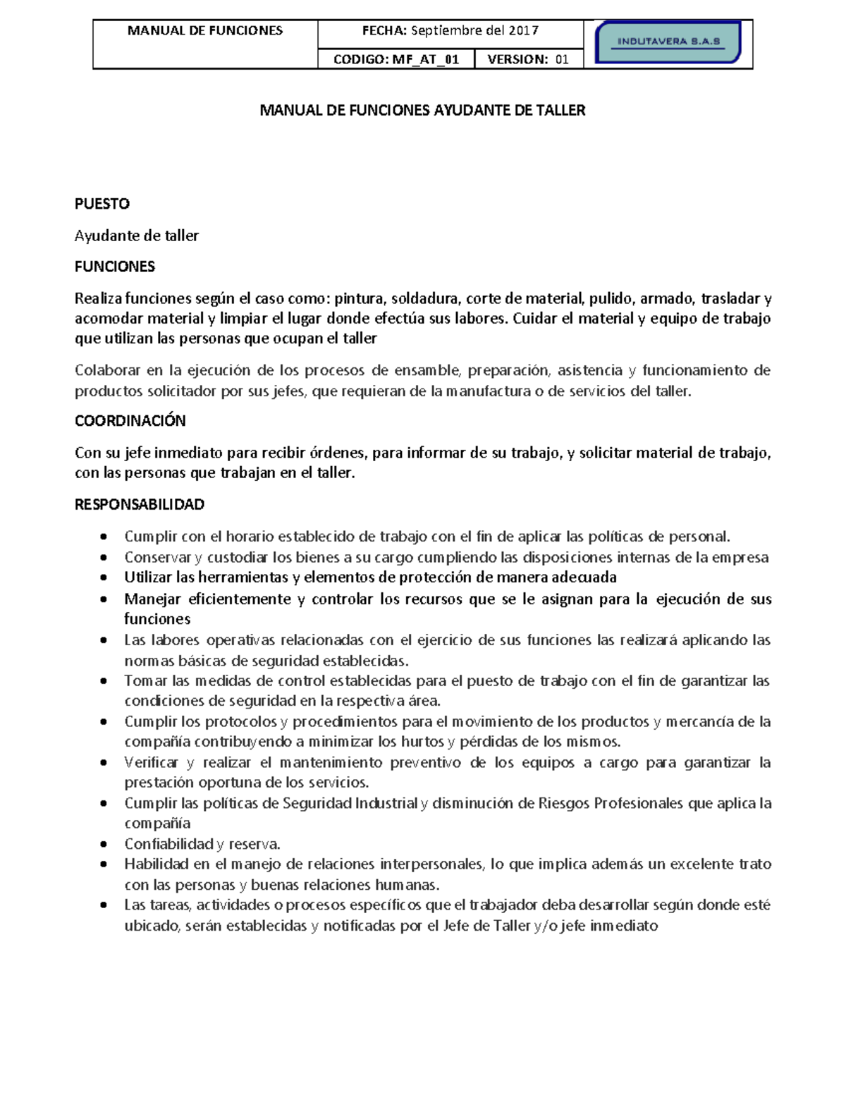 Manual de Funciones Ayudante de Taller MF_AT_01 - Septiembre 2017 - Studocu