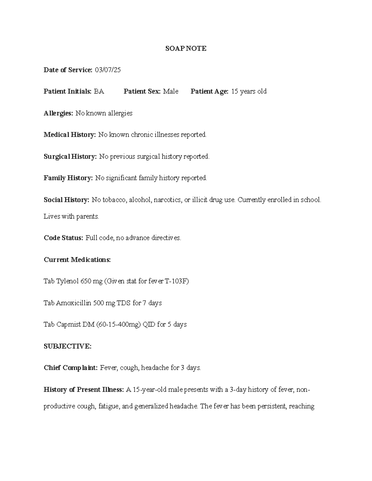 SOAP Note for 15-Year-Old Male with Acute Upper Respiratory Infection ...