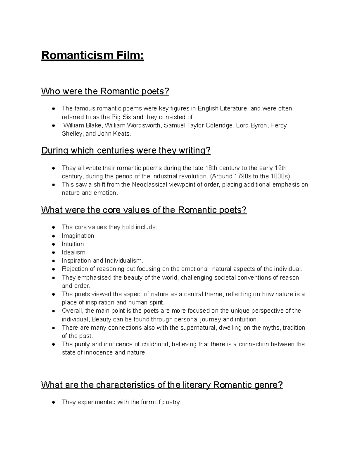 Romanticism Notes: Key Poets, Values, and Literary Movements - Studocu