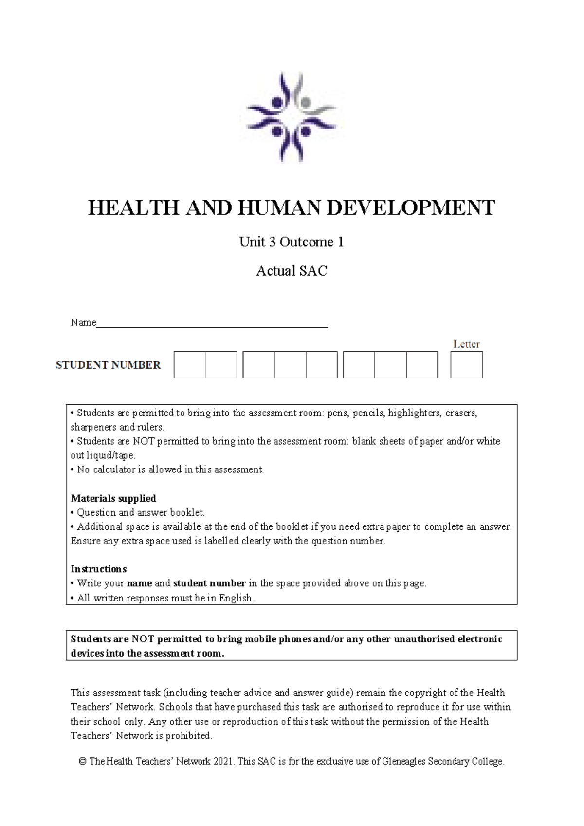 Unit 3 AOS 1a Actual SAC - Health and Human Development Practice - Studocu