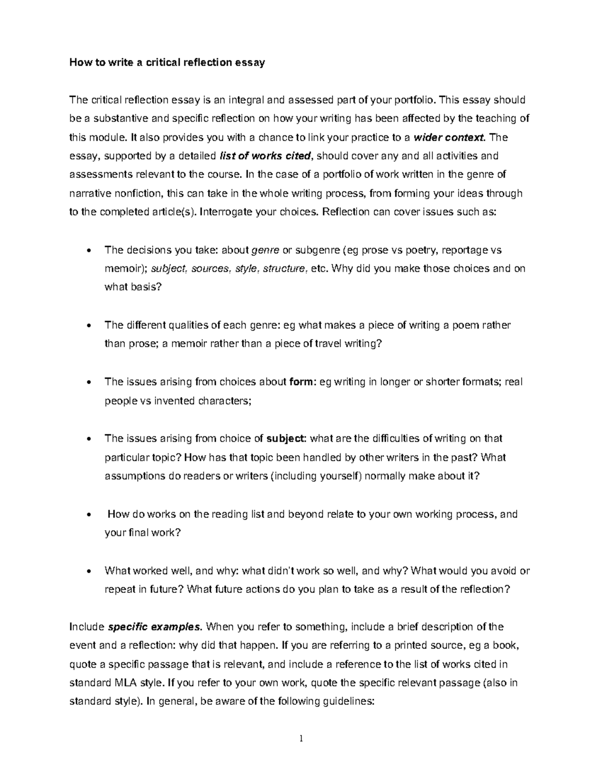 Critical Reflection Essay Guidelines for Writing Portfolio - Studocu