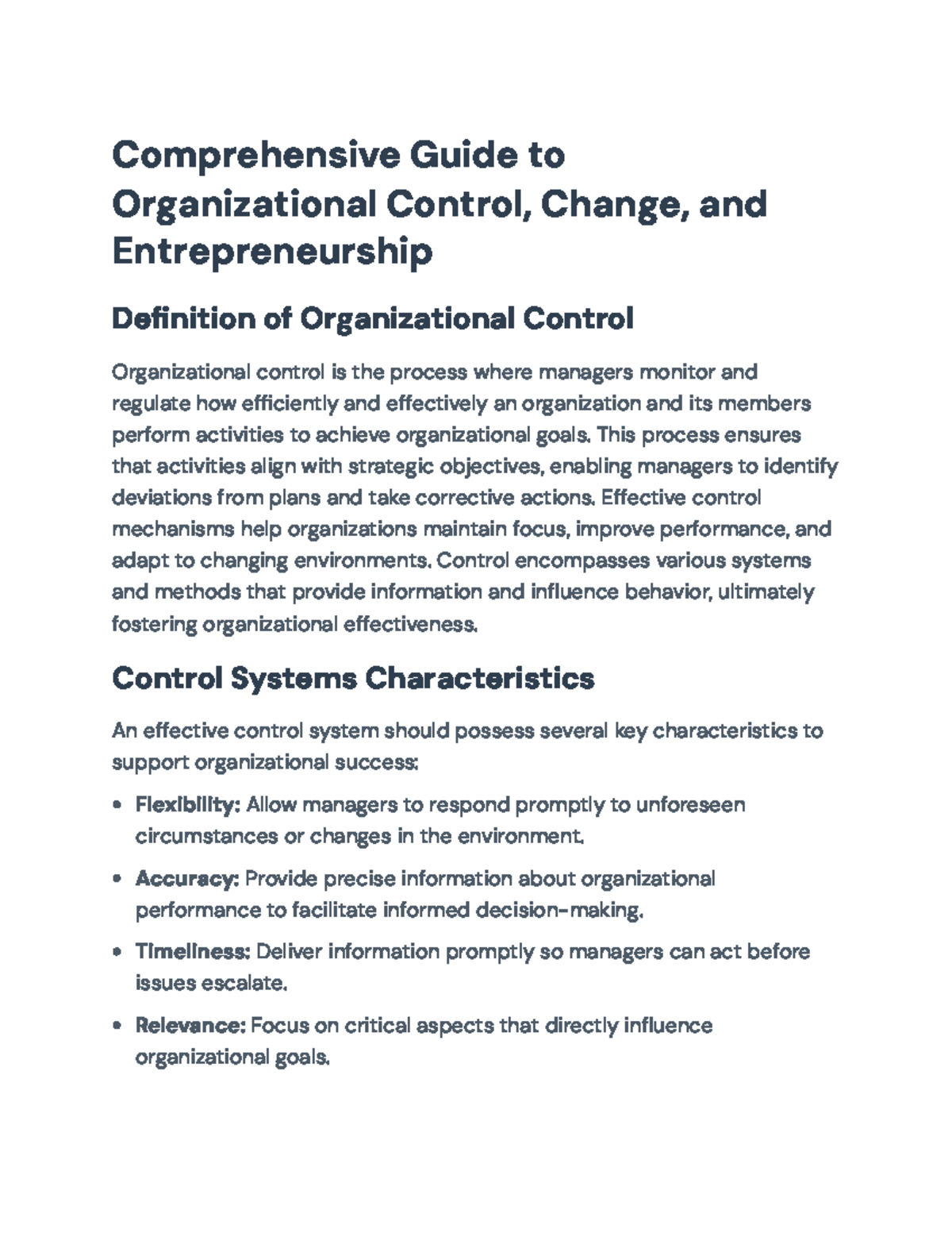 Comprehensive Guide to Org Control, Change & Entrepreneurship (MGT 301 ...
