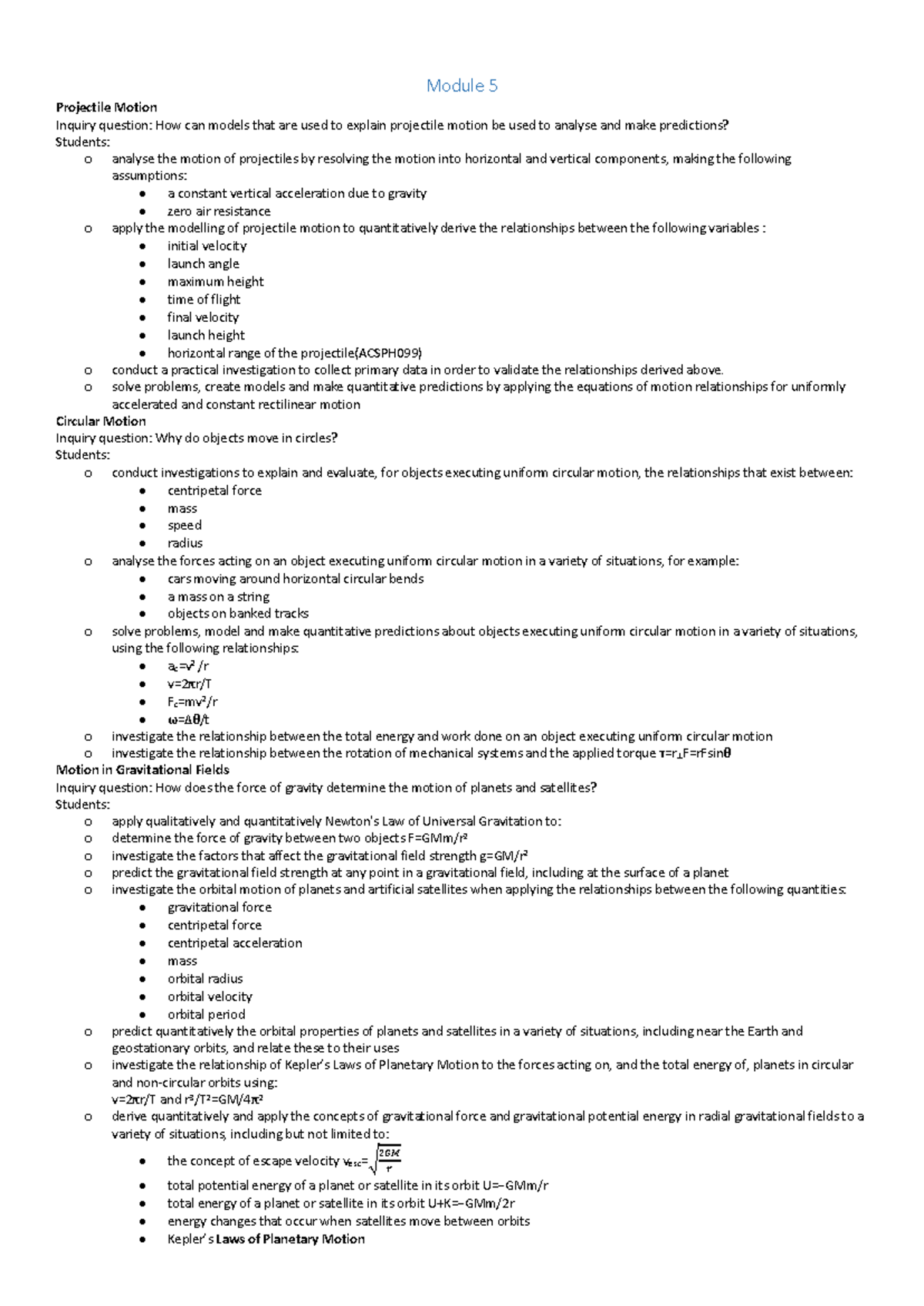 HSC Physics M5 Projectile Motion & Circular Motion Inquiry Notes - Studocu