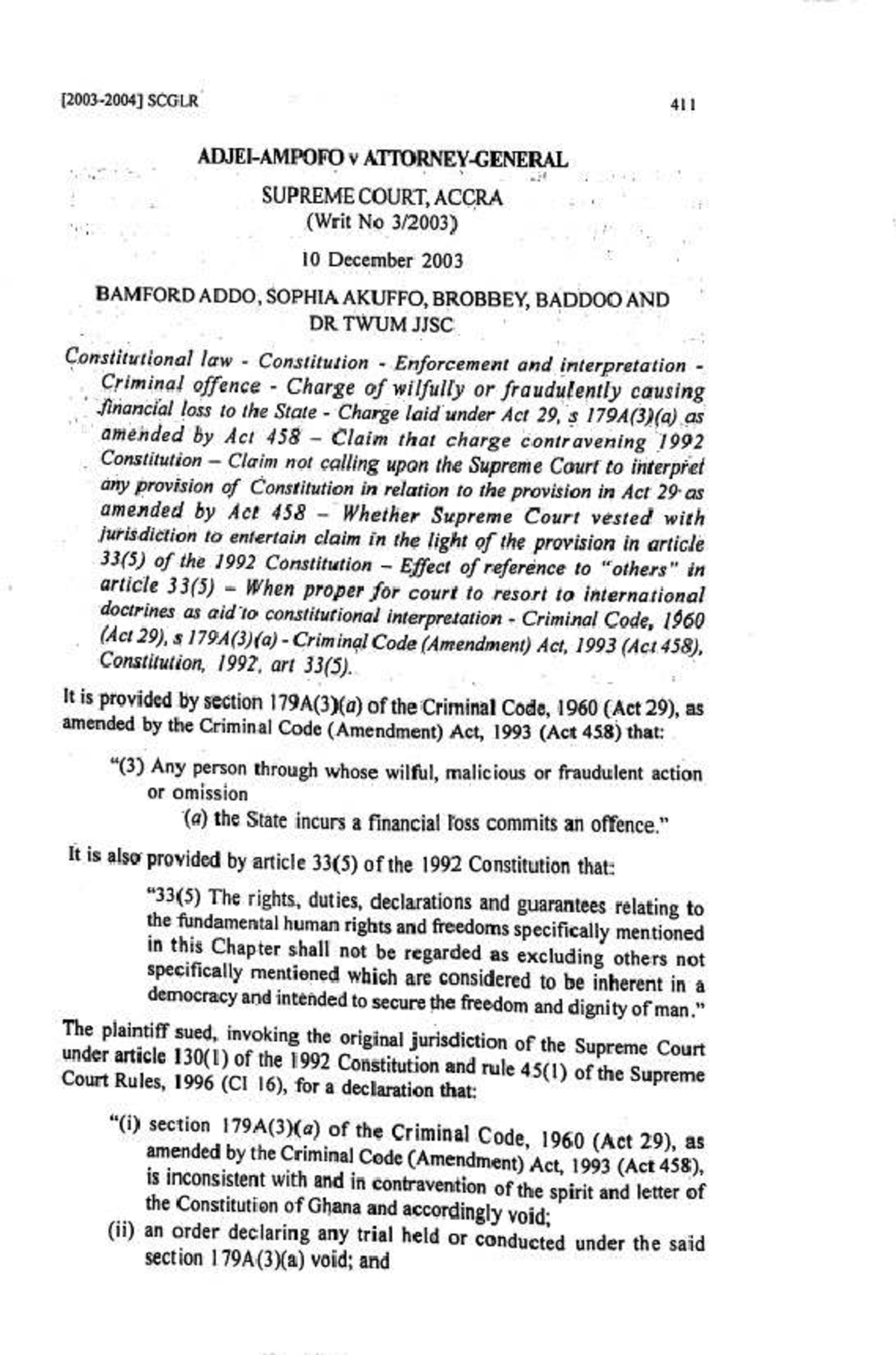 SCGLR 411: Constitutional Law and Jurisdiction in Ghana's Supreme Court ...
