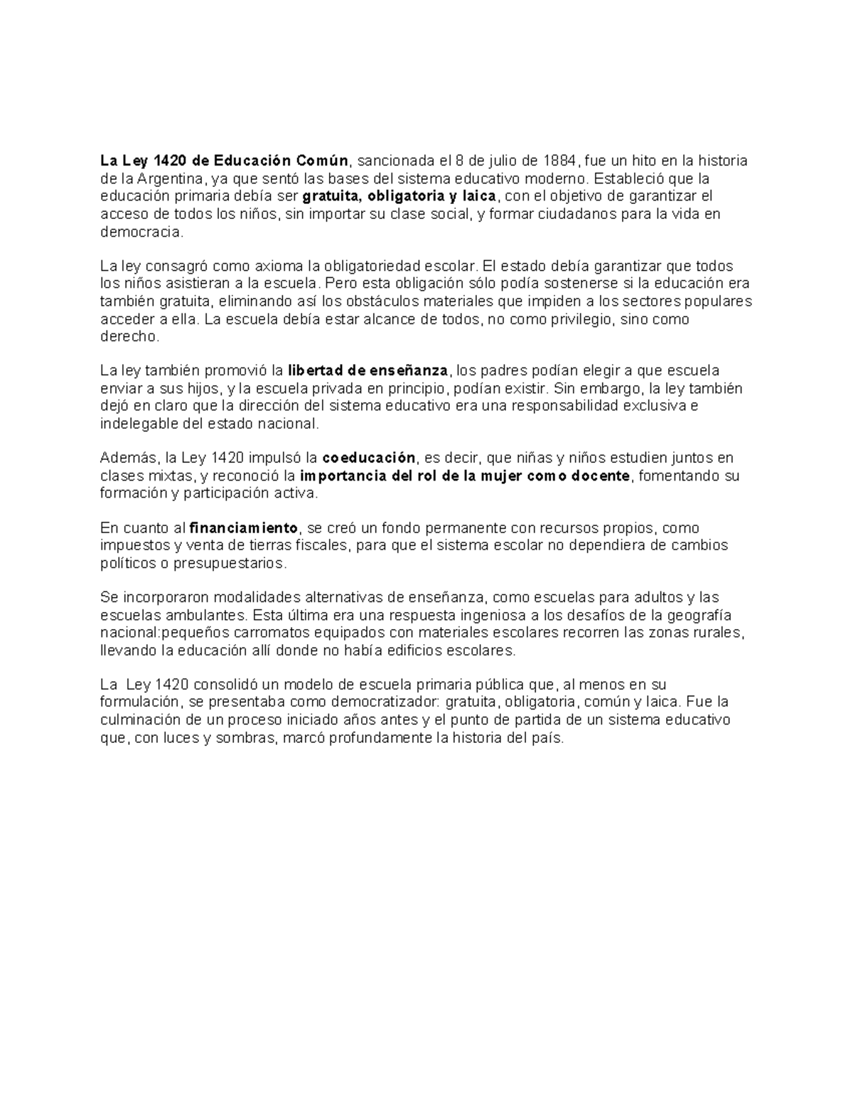 LEY 1420 - Análisis de la Educación Común en Argentina - Studocu